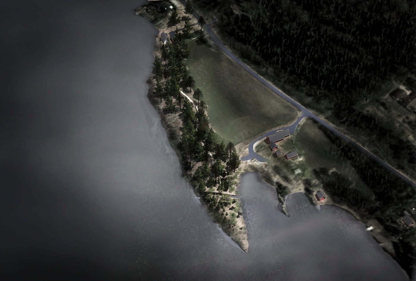 Aerial rendering of Jonas Dahlberg, "22 July Memorial at Sørbråten"