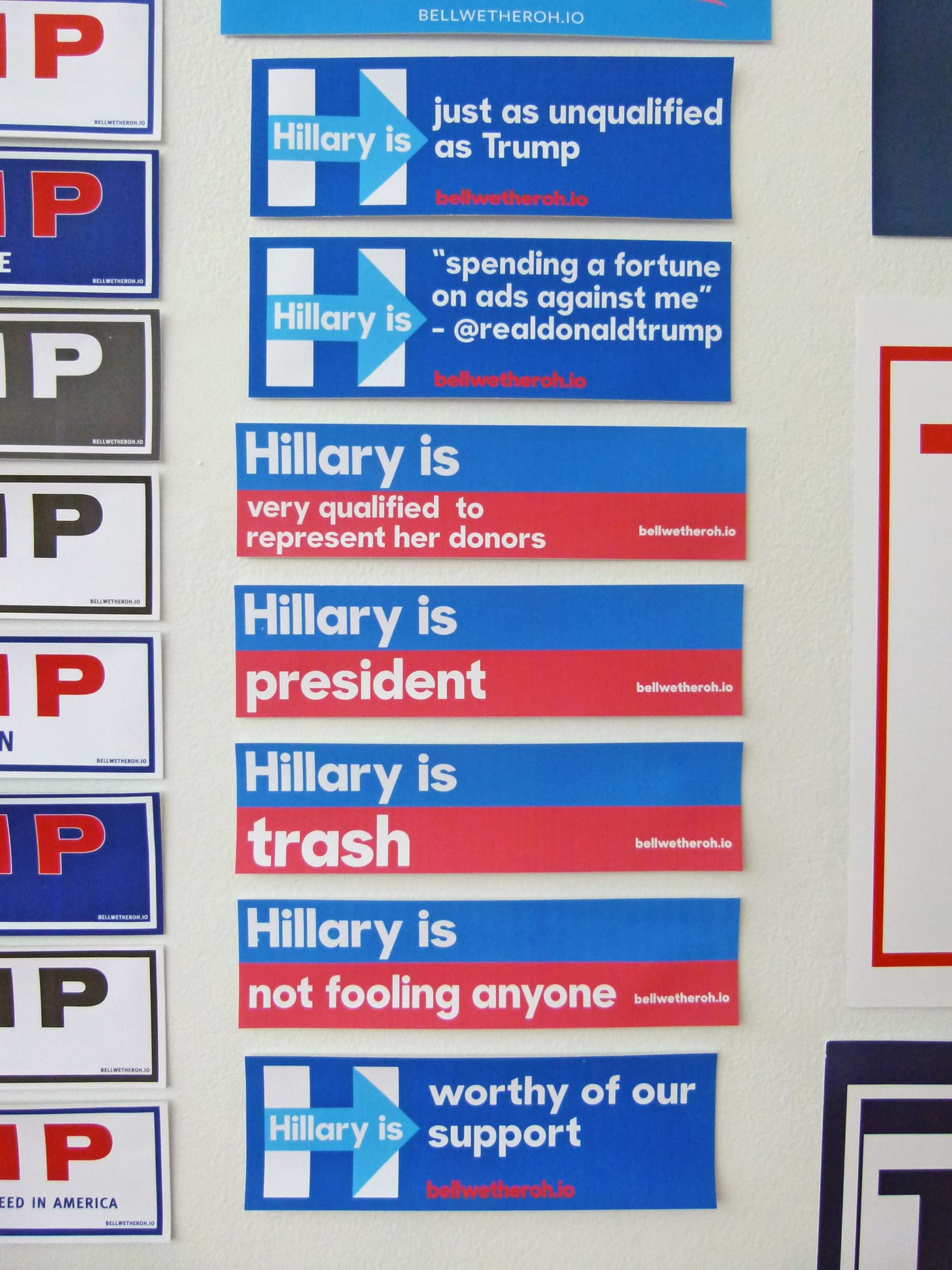 Detail of Roopa Vasudevan's '#Bellwether,' showing a wall of Clinton bumper stickers with official slogans replaced by tweets geocoded to Ohio (click to enlarge)
