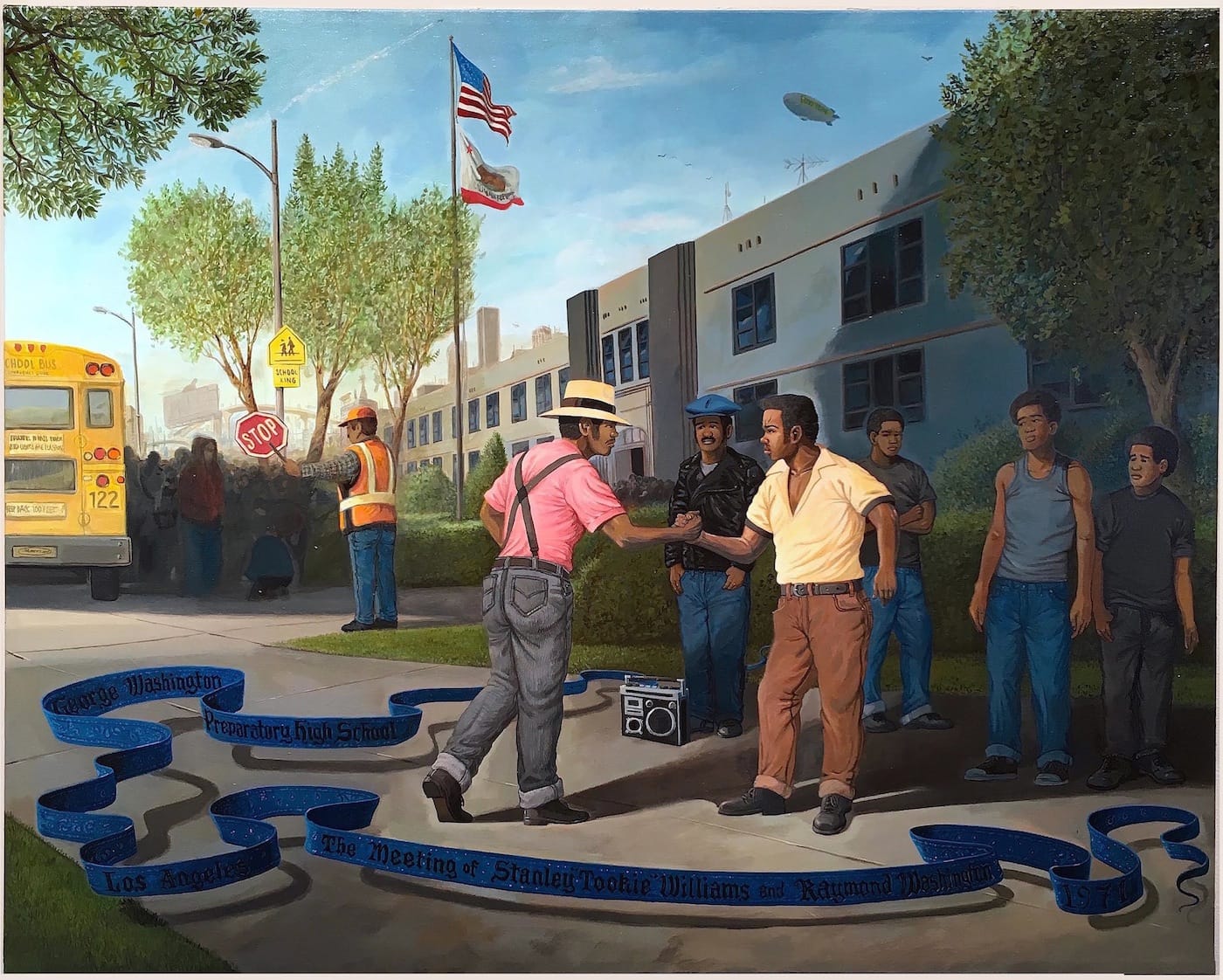 Sandow Birk, "The Founding of the Crips (George Washington Preparatory High School - Los Angeles - The Meeting of Stanley 'Tookie' Williams and Raymond Washington - 1971)" (2015), Acrylic on Canvas, 43 x 54 in. (via cjamesgallery.com)