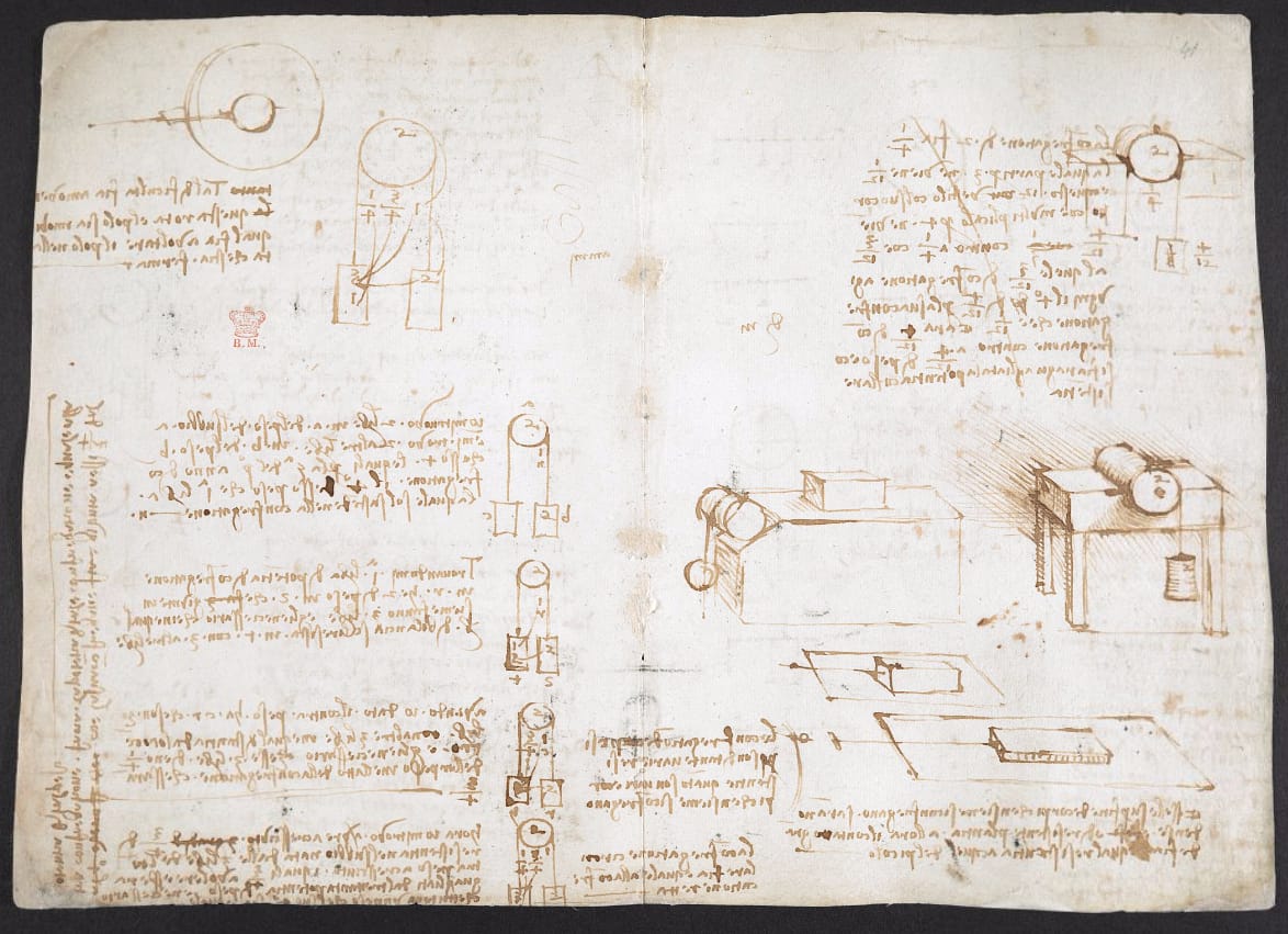 An illustration of a block with a strick and hanging weight in Leonardo da Vinci's 'Codex Arundel' (courtesy British Library)