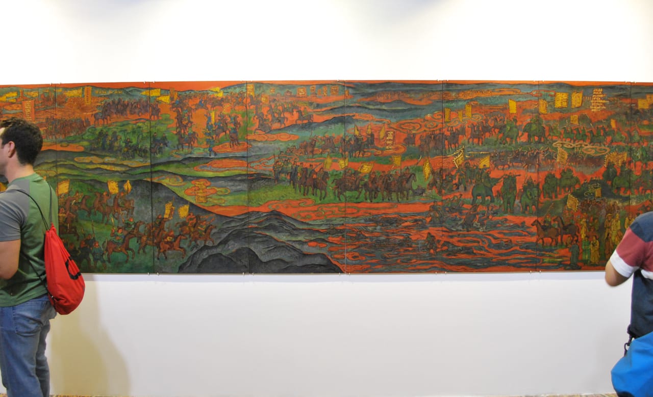 Quach Phong , "Sketching Vietnamese History, Phase 1; Tot Dong/Chuc Dong Battles (1426) and Chi Lang/Xuong Giang Battles (1427)" (2016), laquer on wood, 1.2 x 7.2m.