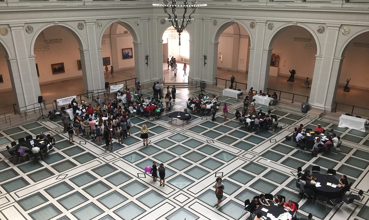 Roundtable discussions during the Brooklyn Community Forum on Anti-Gentrification and Displacement, Brooklyn Museum, July 24, 2016. (Photo by Hrag Vartanian for Hyperallergic.)