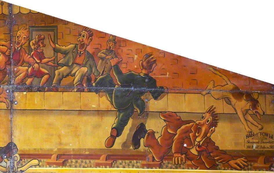 Hall & Fowle, Brett's 'Ghost Train' (showfront) (from a design by Edwin Hall) (1948-49), oil on metal (courtesy the Fairground Heritage Trust)