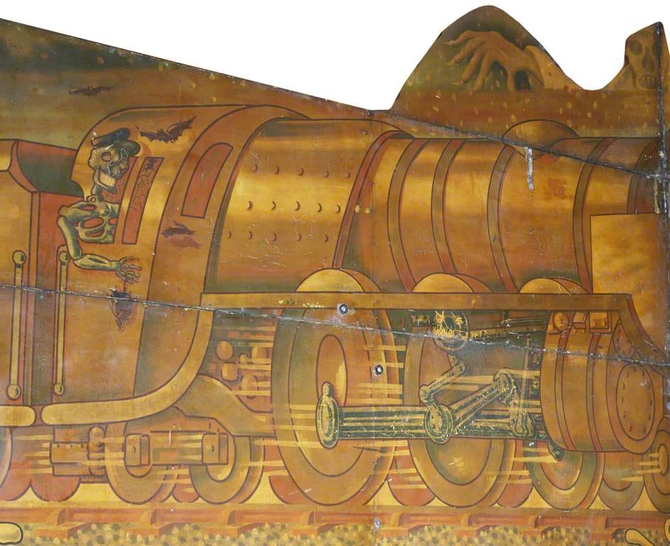 Hall & Fowle, Brett's 'Ghost Train' (showfront) (from a design by Edwin Hall) (1948-49), oil on metal (courtesy the Fairground Heritage Trust)