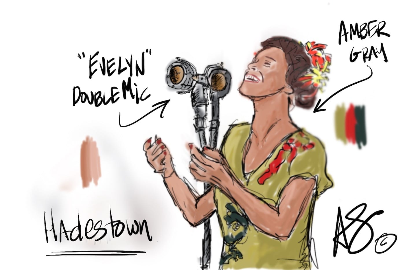 Amber Gray in 'Hadestown' at NYTW (illustration by AndrewAndrew for Hyperallergic)