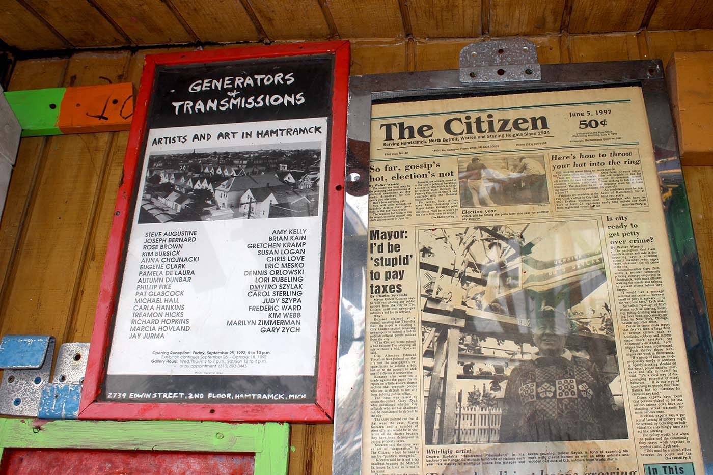 Szylak assiduously displayed his accolades within the installation, including his press clippings, a poster from the Generators + Transmissions show, and a plaque commemorating his 30 years at Chrysler.