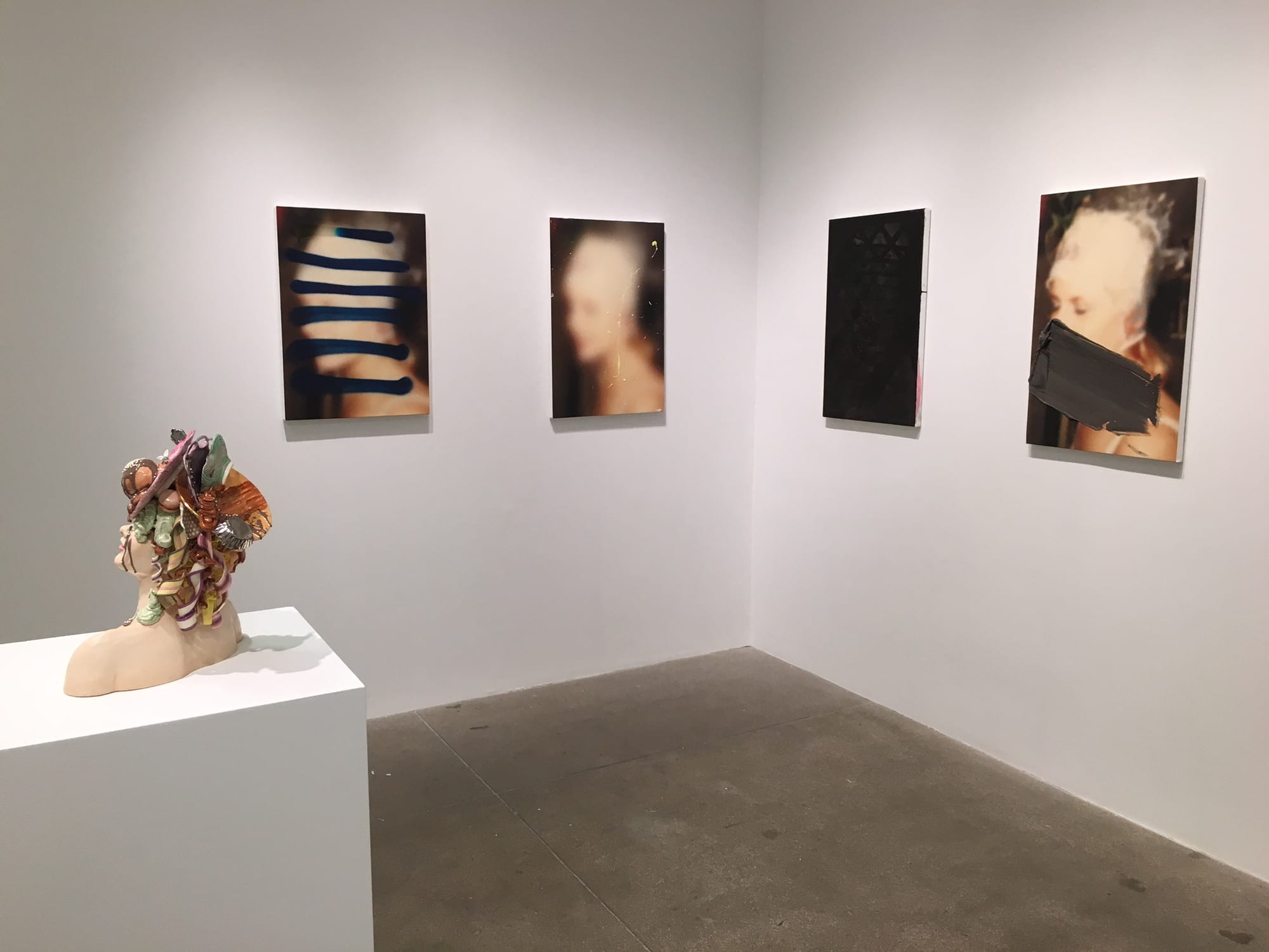 Installation view of David Mramor, Venus series, and Jessica Stoller, Untitled (slip). 