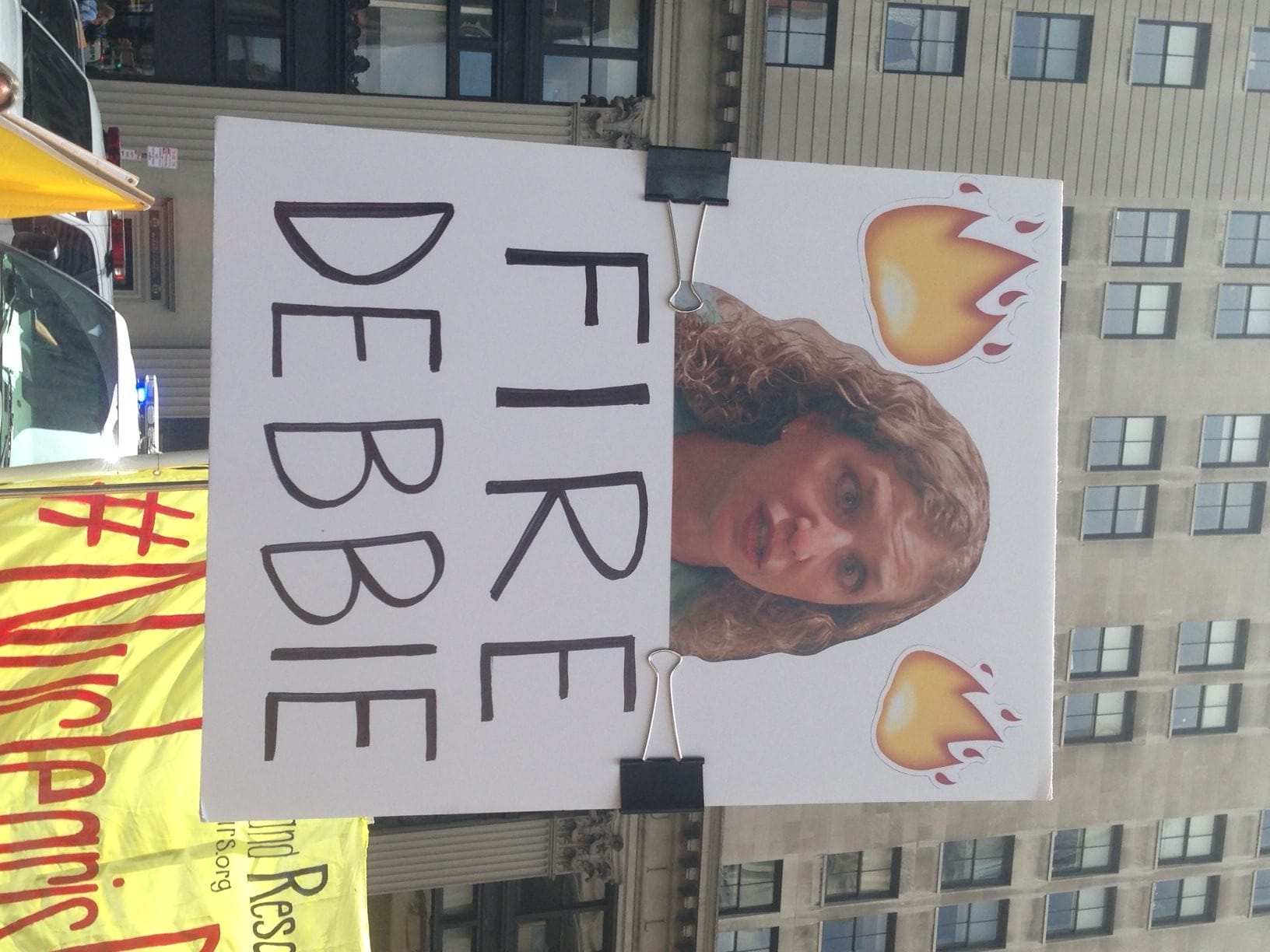 A sign protesting Debbie Wasserman Schultz (photo by the author for Hyperallergic) (click to enlarge)