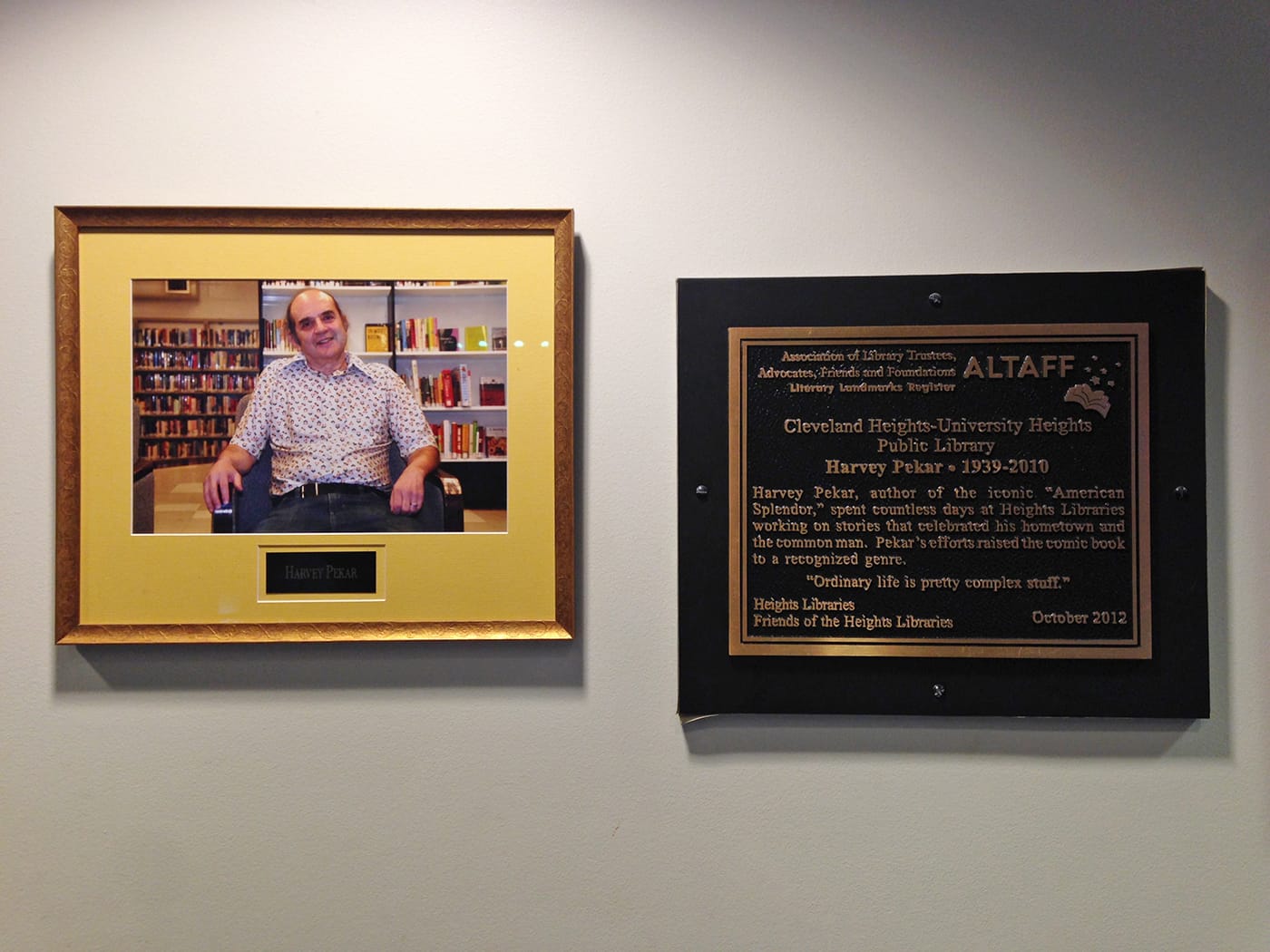 A plaque dedicated to Harvey at the Cleveland Heights-University Heights Public Library