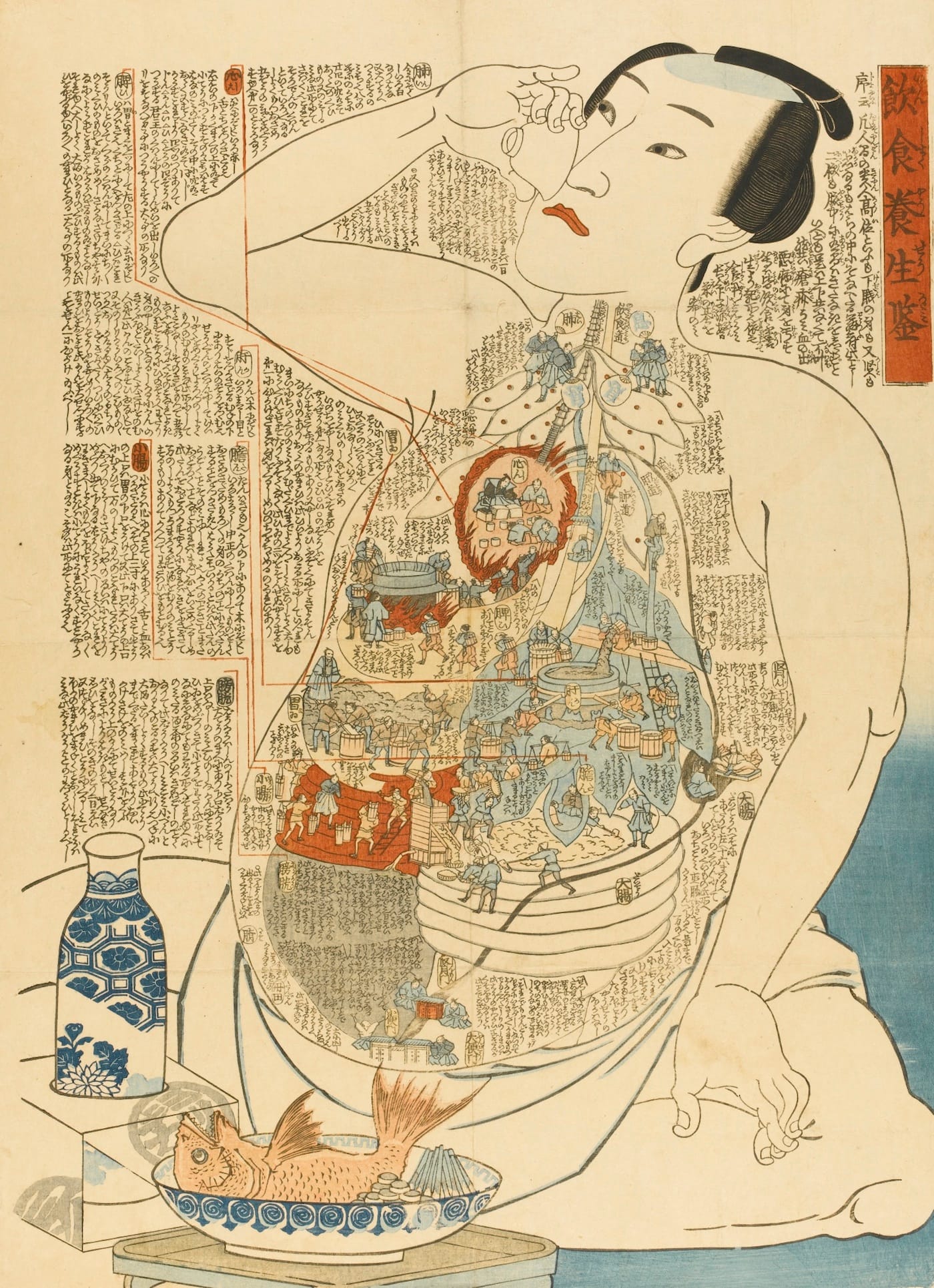 Kunisada, "Model of a Heathful Diet (Inshoku yōjō kagami)" (19th century), woodblock (via Sotheby's) (click to enlarge)