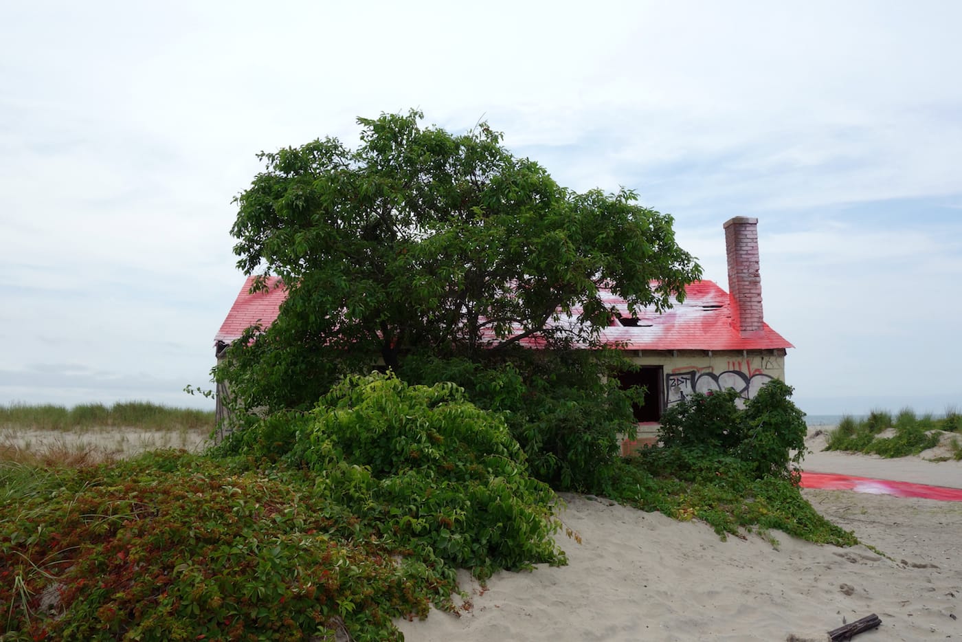 Installation view of Katharina Grosse's "Rockaway!" at Fort Tilden