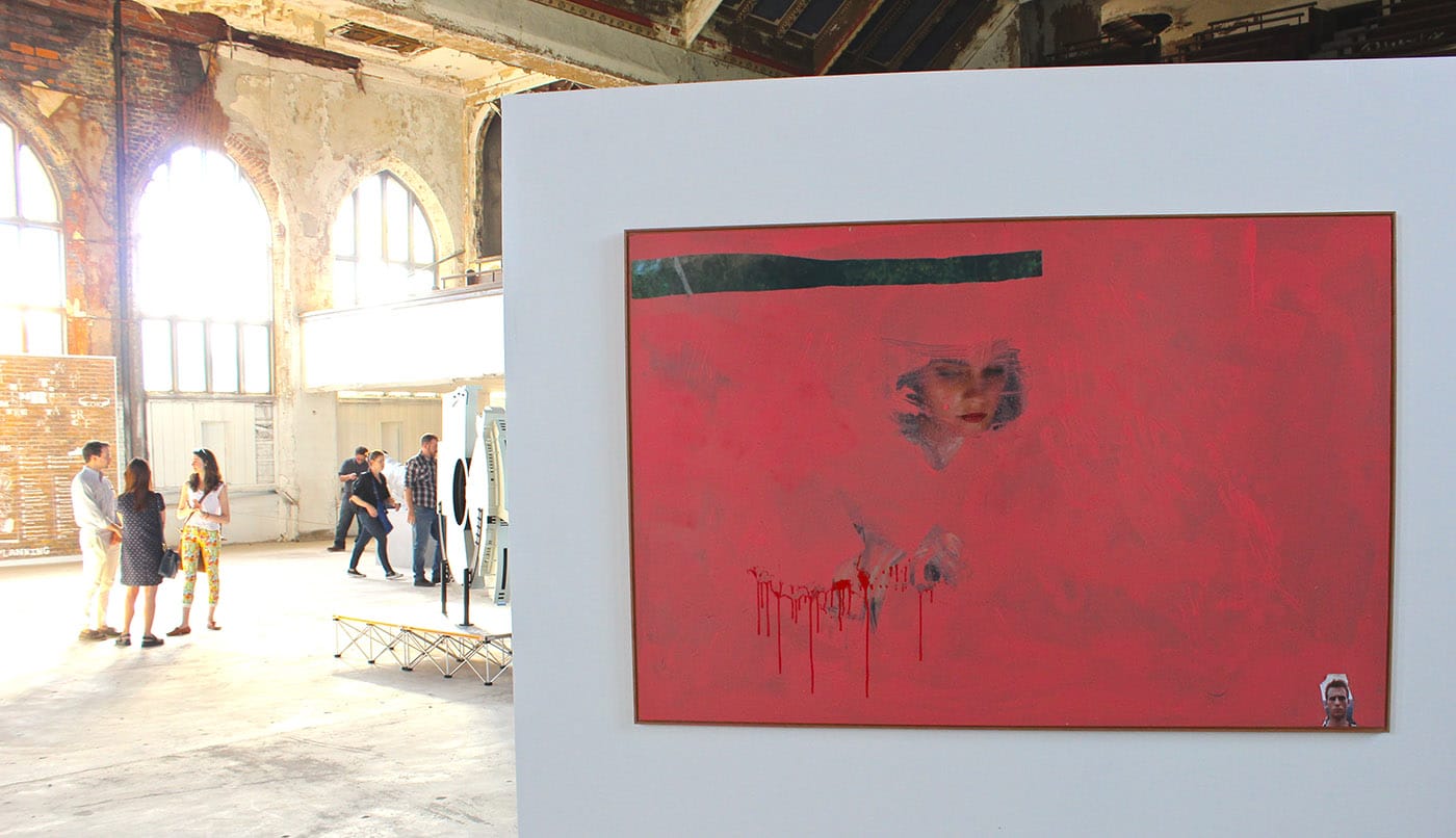 Yves Scherer, E & Y (UN Goodwill), 2016, Acrylic paint, paper, photo and lenticular print on plexiglass, 47.25 x 71" framed