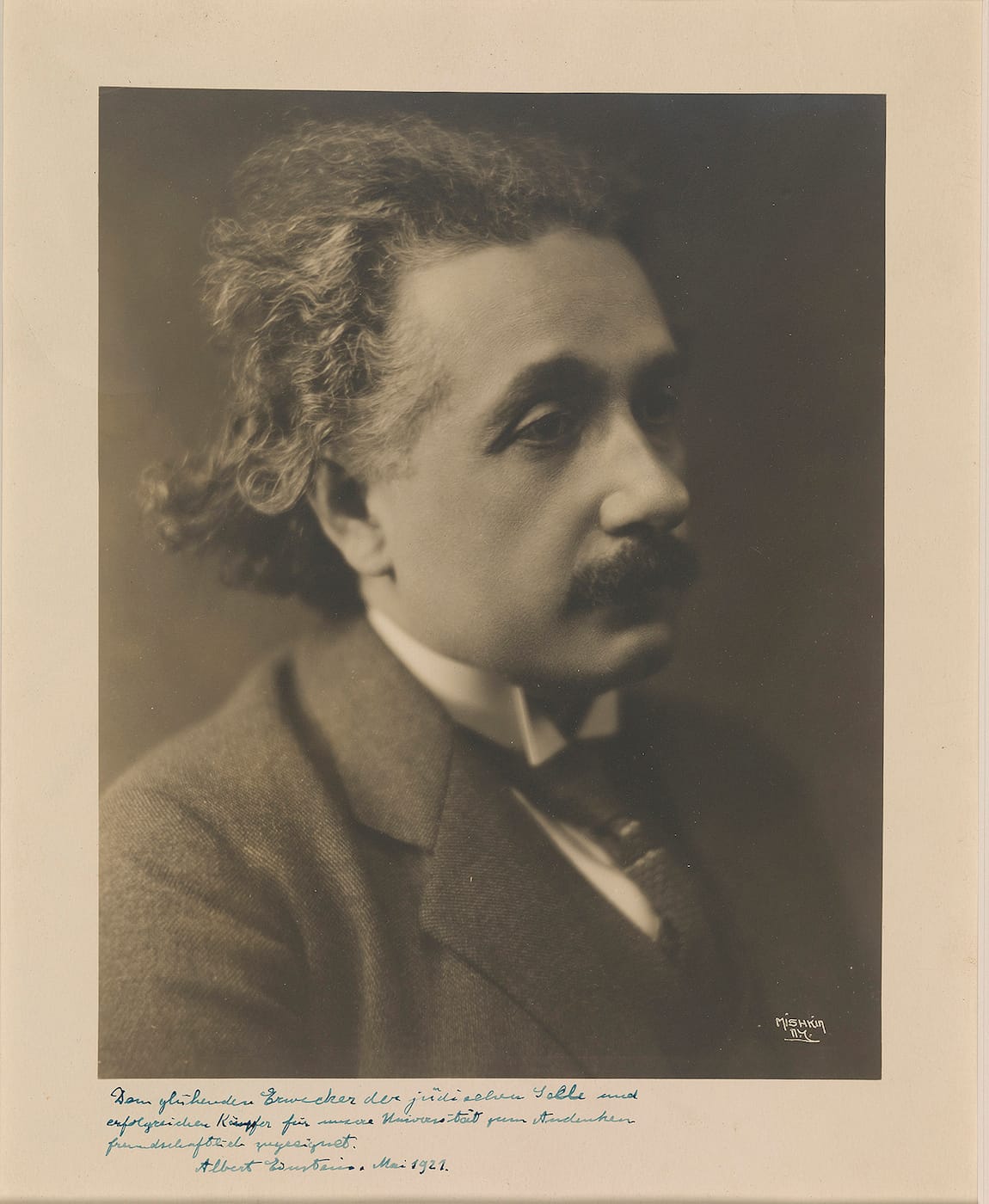 Herman Mishkin's 1921 photograph of Albert Einstein, signed and inscribed by Einstein (courtesy private collection)