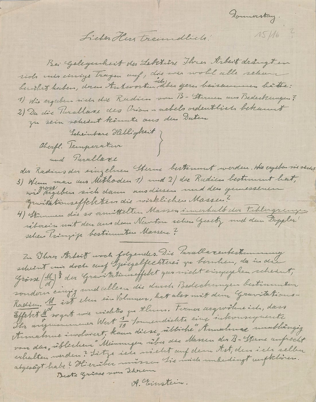 Albert Einstein's Letter to Erwin Finlay Freundlich (after December 15, 1919) (courtesy the Morgan Library& Museum, Gift of Mr. Horace Wood Brock, Mr. John Biddle Brock, and Ms. Hope) Brock Winthrop, in loving memory of their parents, Horace Brock (1918–1981) and Hope Distler<br /> Brock (1908–1988), 1991.