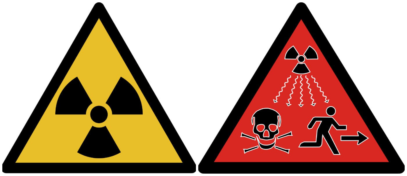 The radioactive trefoil introduced in 1946; a 2007 warning sign created to replace it in some situations (via Wikimedia)