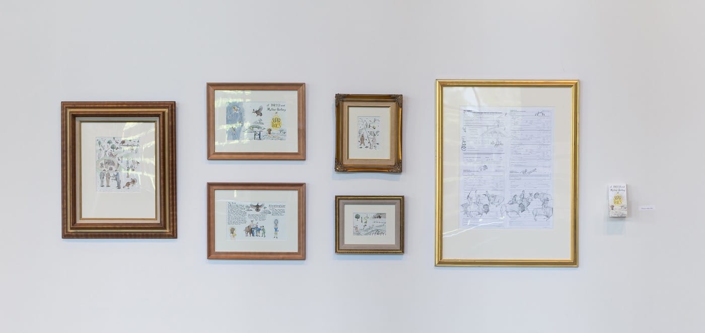 1) Ben Pinder IV “Opening Day Celebrations” (2016). Ink and watercolor on paper, 10” x 8”. Top: A Brief and Mythic History of Super PACs (Cover) (2016). Ink and watercolor on paper, 7.5” x 11”. Bottom: A Brief and Mythic History of Super PACs (Inside), 2016. Ink and watercolor on paper, 7.5” x 11”. Top: Big Guns, 2016. Ink and watercolor on paper, 6” x 4”. Bottom: State of the Union (2015). Ink and watercolor on paper, 4” x 6”. April 2016 Quarterly Report, 2016. Ink on FEC form 5, 22” x 17”. A Brief and Mythic History of Super PACs, 2016. Mass produced color pamphlet, 6” x 3” folded, 6” x 9” unfolded. Unlimited edition.