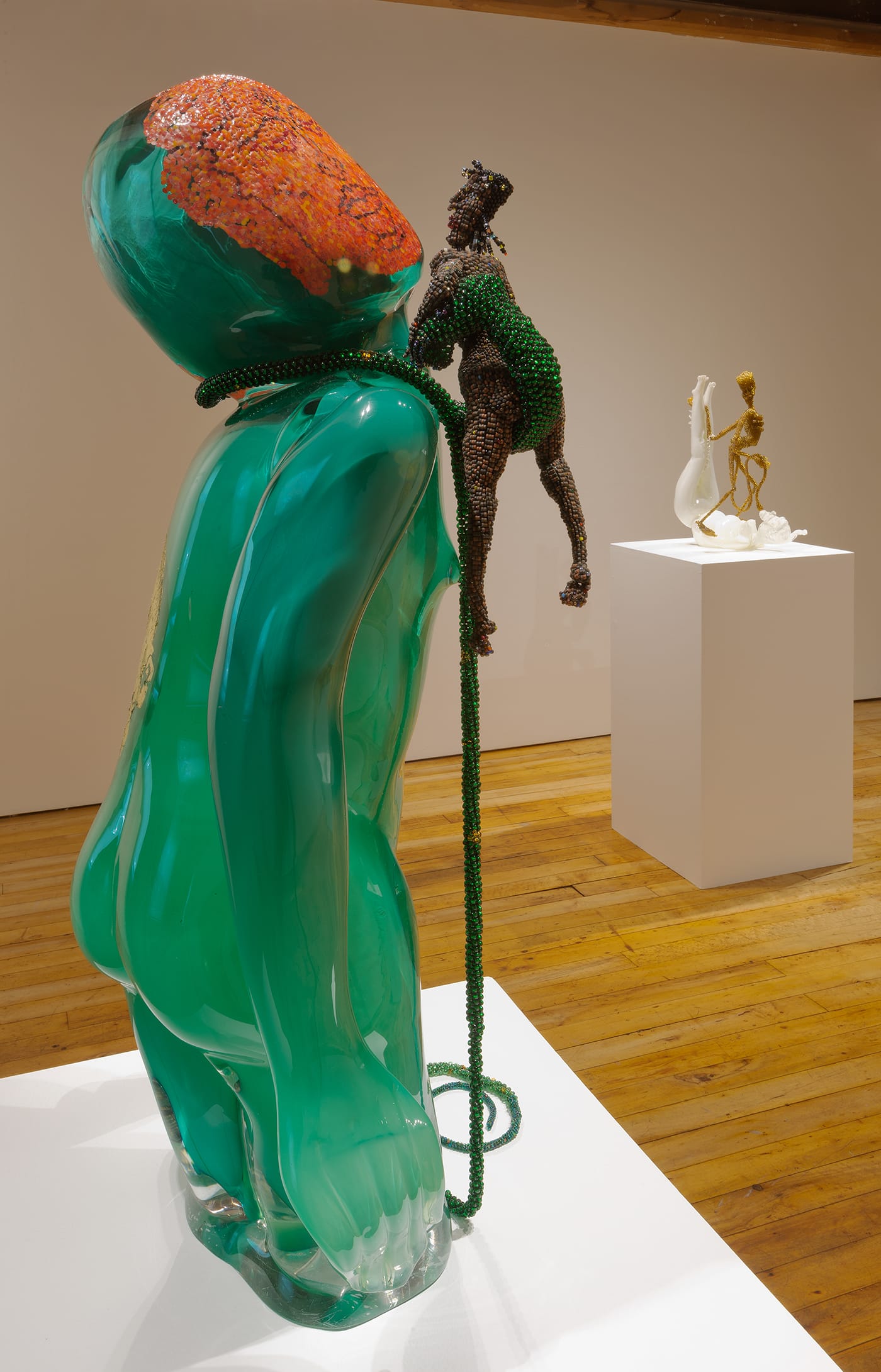 Joyce J. Scott , "Buddha (Earth)" (2013), hand-blown Murano glass processes with beads, wire, and thread,  27 1/2 x 11 1/4 x 11 1/2 in (photo by Michael Koryta, courtesy Goya Contemporary) (click to enlarge)