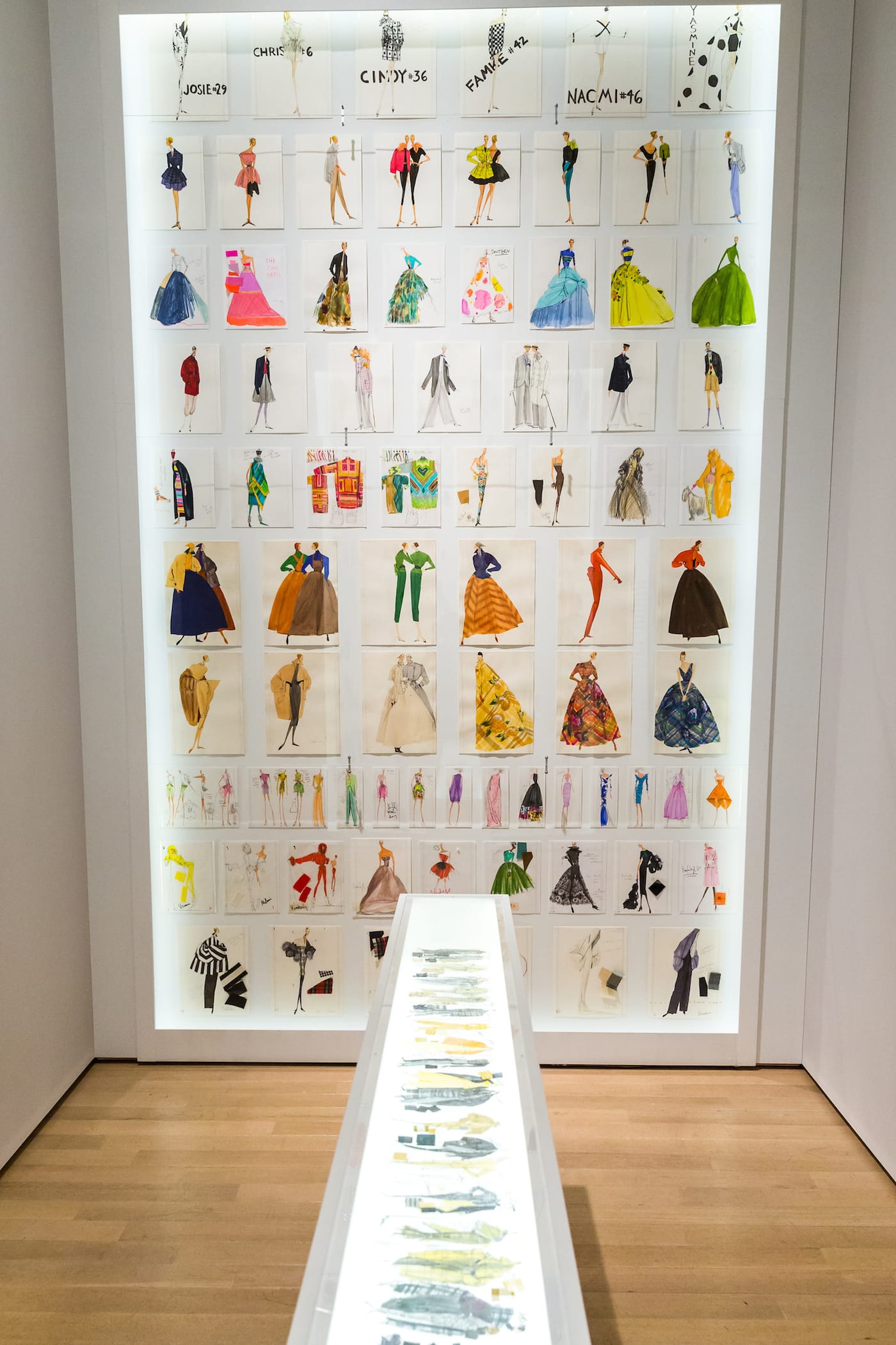 Installation view of assorted sketches from the exhibition Isaac Mizrahi: An Unruly History, March 18-August 7, 2016.