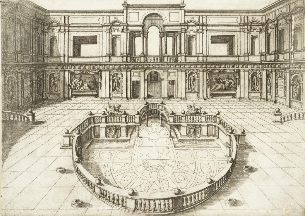 Hieronymus Cock, "Courtyard with Fountain in The Villa Of Pope Julius III" (1582) (via Speculum Romanae Magnificentiae)