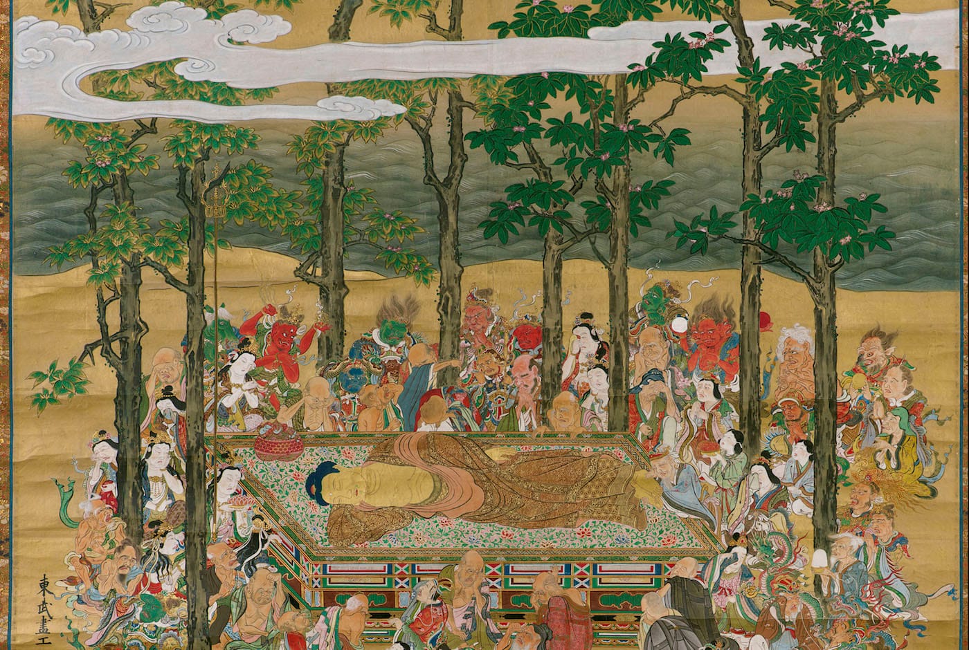 The Death of the Historical Buddha Hanabusa Itchô (Japanese, 1652–1724) 1713 (Shôtoku 3) Hanging scroll; ink, color, and gold on paper * Fenollosa-Weld Collection * Photograph © Museum of Fine Arts, Boston