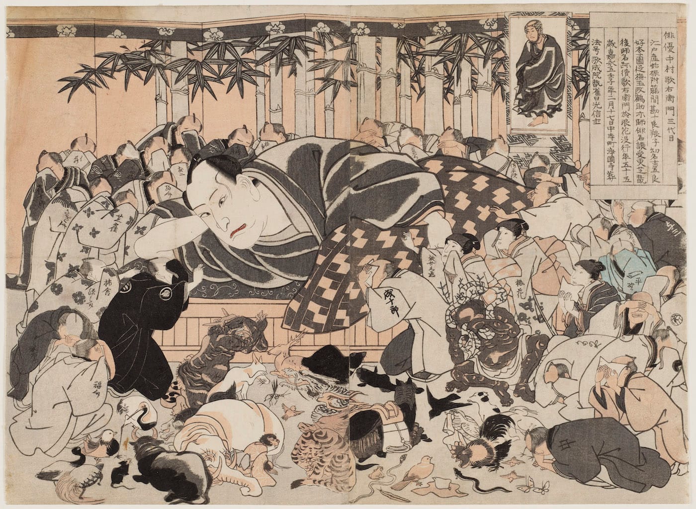 Memorial Portrait of Actor Nakamura Utaemon IV; Parody of The  Death of the Historical Buddha (Nehan) Artist Unknown, Japanese 1852 (Kaei 5), 2nd month Woodblock print (nishiki-e); ink and color on paper * William Sturgis Bigelow Collection * Photograph © Museum of Fine Arts, Boston