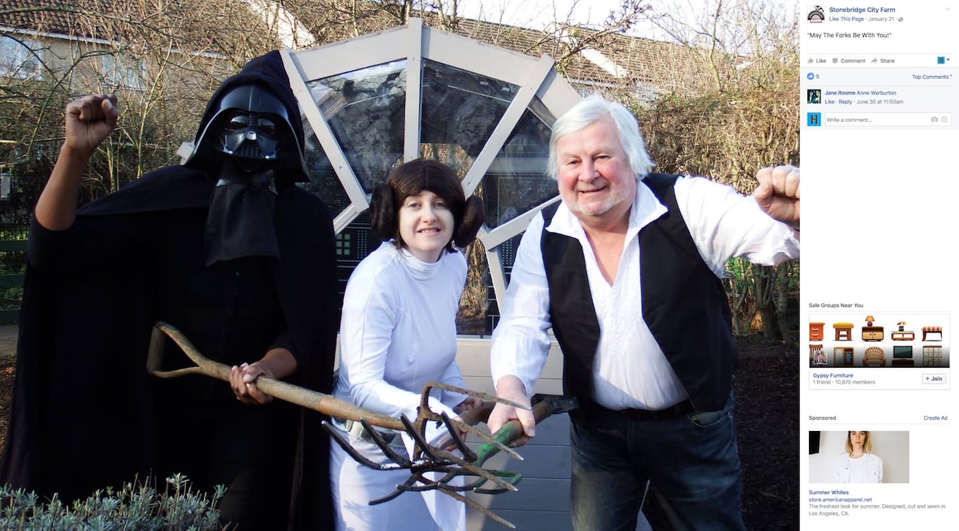 Stonebridge City Farms volunteers with their Millennium Falcon-shaped shed (screenshot by the author via Facebook)