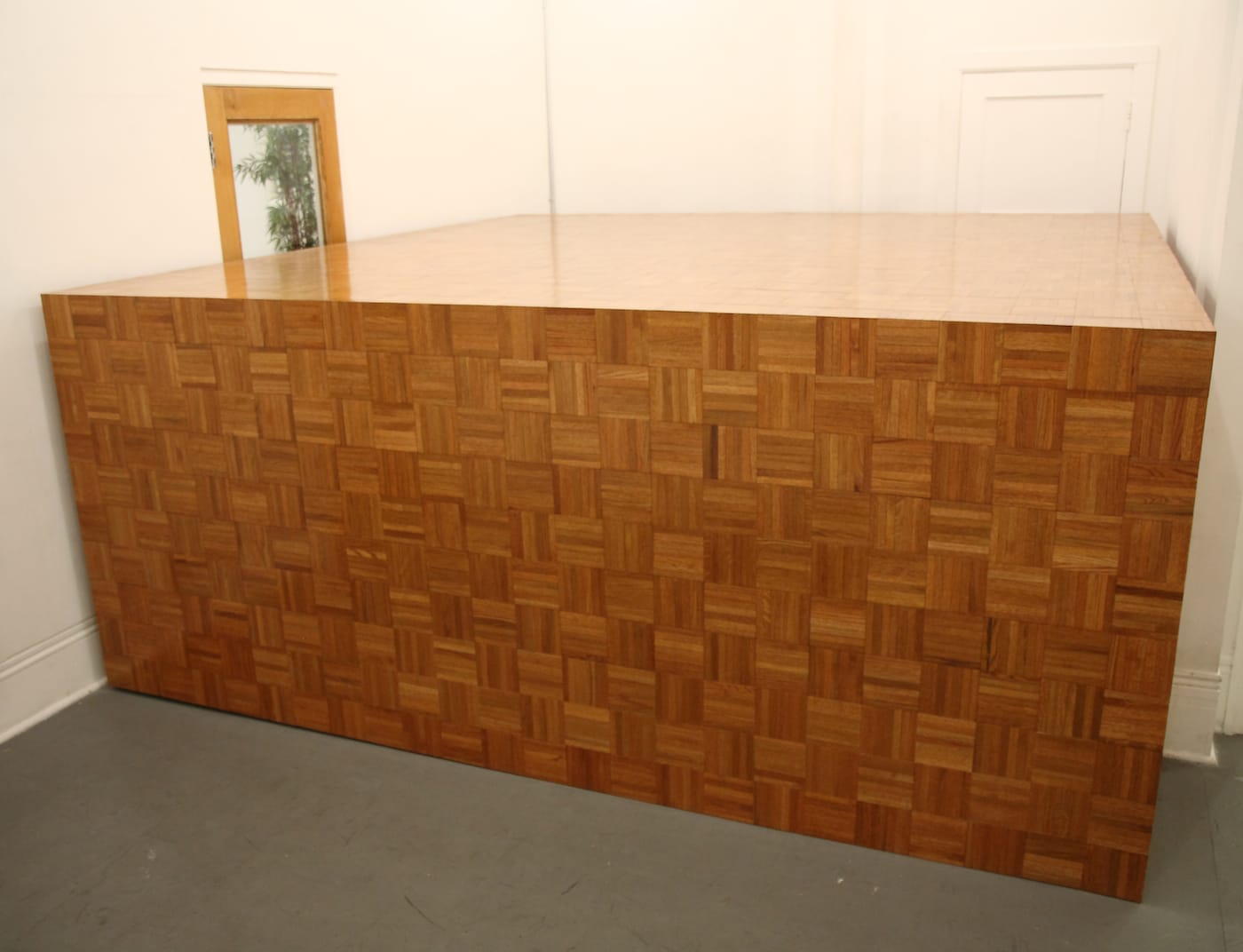 Wade Guyton, "the Room Moved the Way Blocked (Stage 1)" (1998), parquet wood floor, 16 x 15 x 5 ft