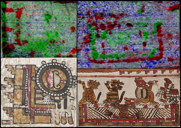 Top: two examples of river place signs, revealed from the Codex Selden using hyperspectral imaging; bottom: similar river glyphs (shown as red lines) from the visible storyline seen on the front of Codex Selden at the Bodleian Libraries and Codex Zouche-Nuttall at the British Museum (© Journal of Archaeological Sciences: Reports, 2016 Elsevier) (click to enlarge)