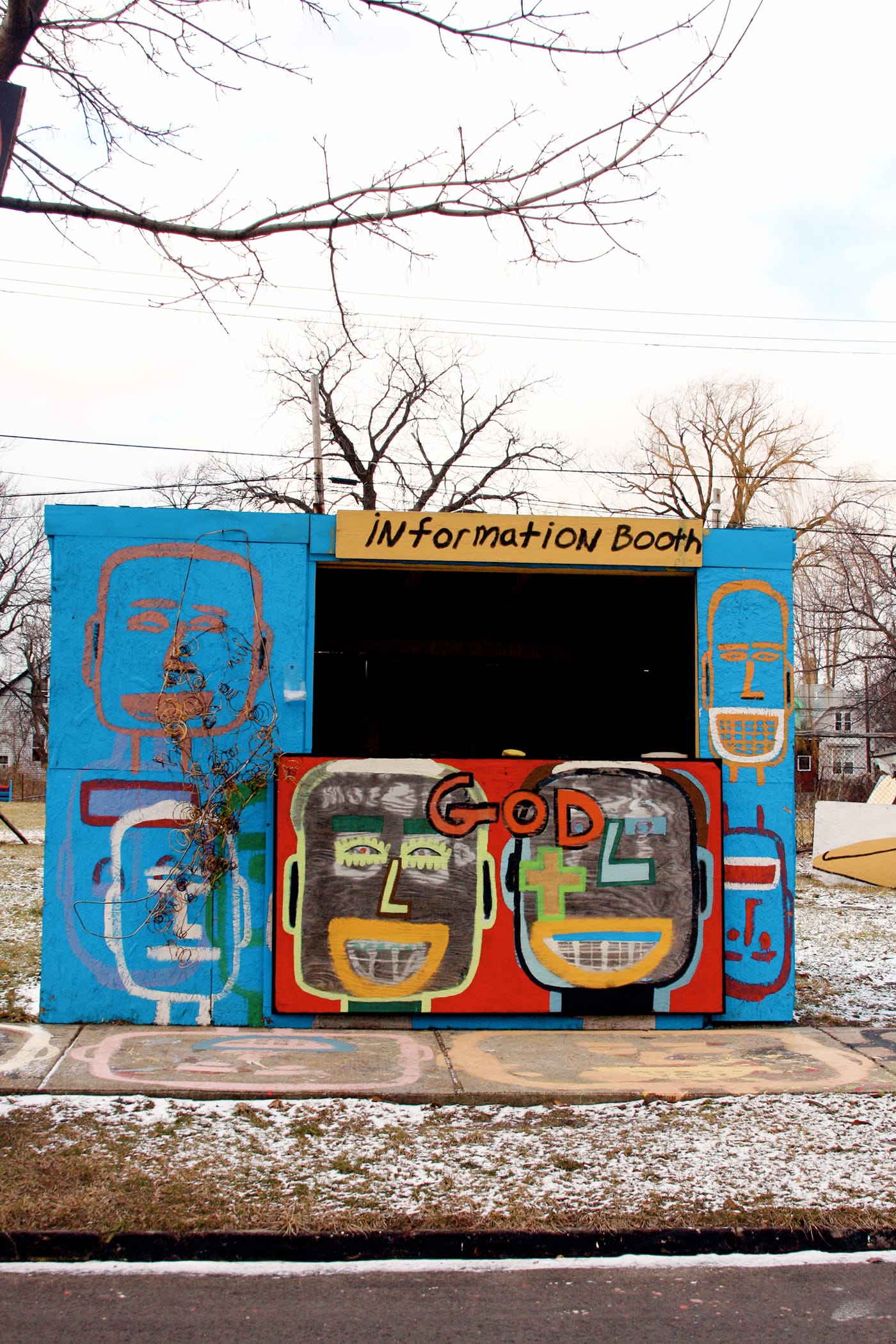 The information booth, where visitors to the Heidelberg Project can often find the artist.