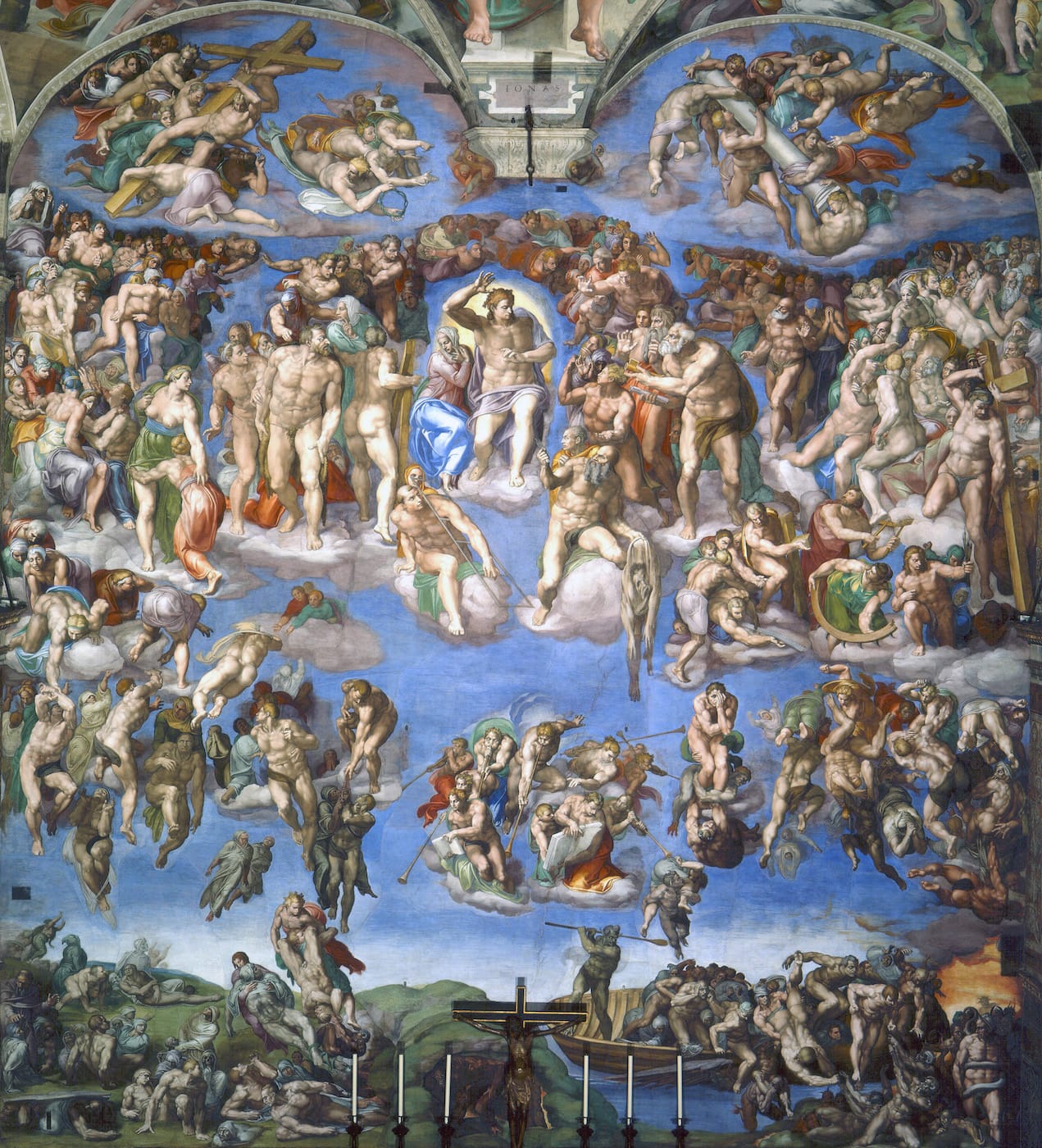 Michelangelo, "The Last Judgment" (1536-41), fresco. Lapis lazuli was used in the blue of the sky (via Sistine Chapel/Wikimedia)