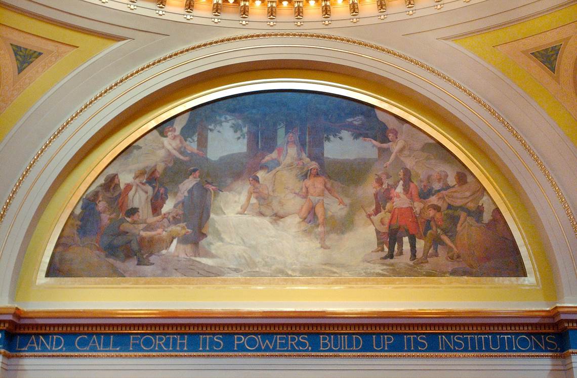 Edwin Blashfield, "Discoverers and Civilizers Led to the Source of the Mississippi" (1905) in the Minnesota State Capitol (photo courtesy Minnesota Senate/David J. Oakes)