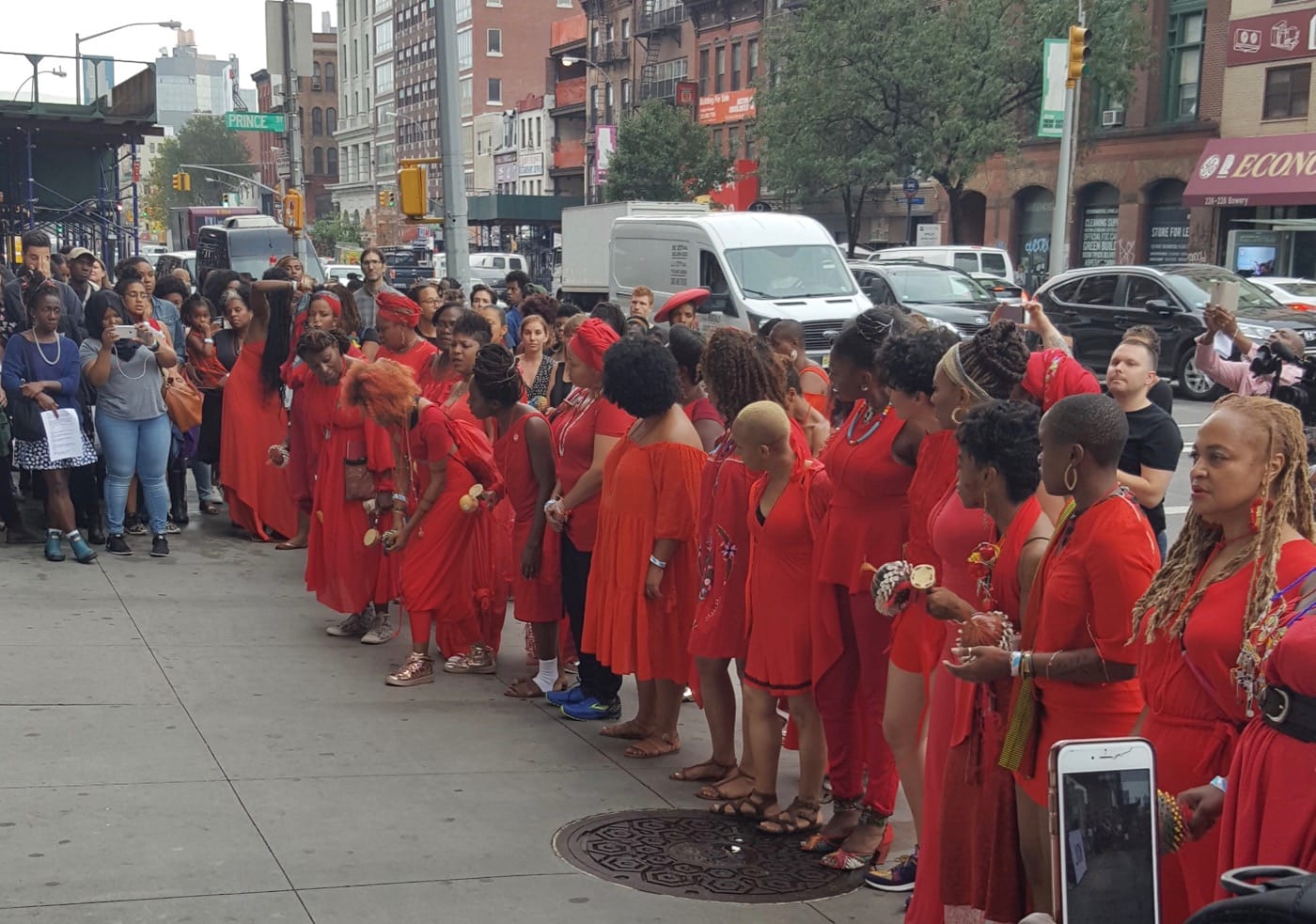 The performers for a circle outside of the New Museum as part of the Black Women Artists for Black Lives Matter event.