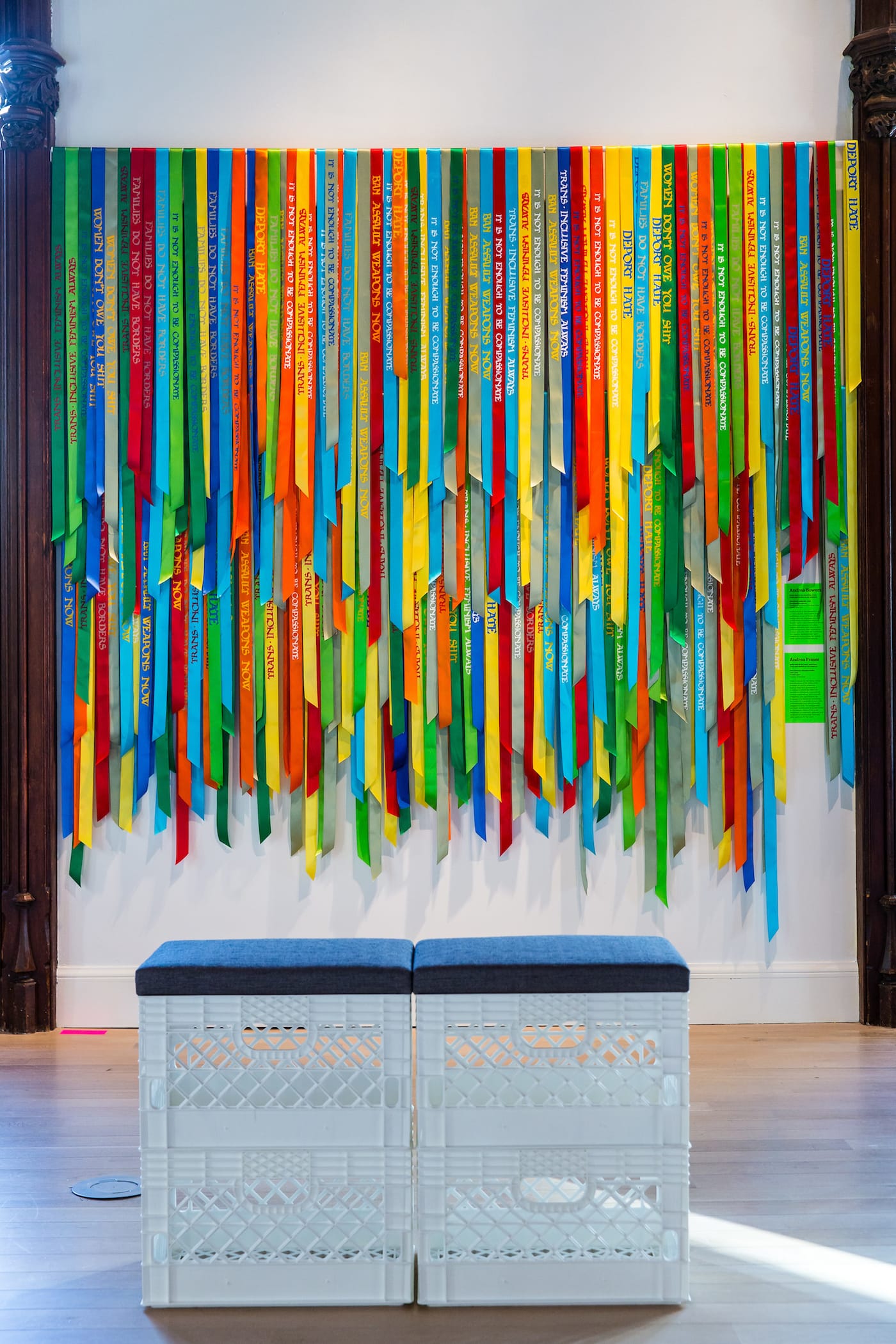 Andrea Bowers, Political Ribbons, 2016, screenprinted ribbons. Courtesy of the artist and Andrew Kreps Gallery, New York