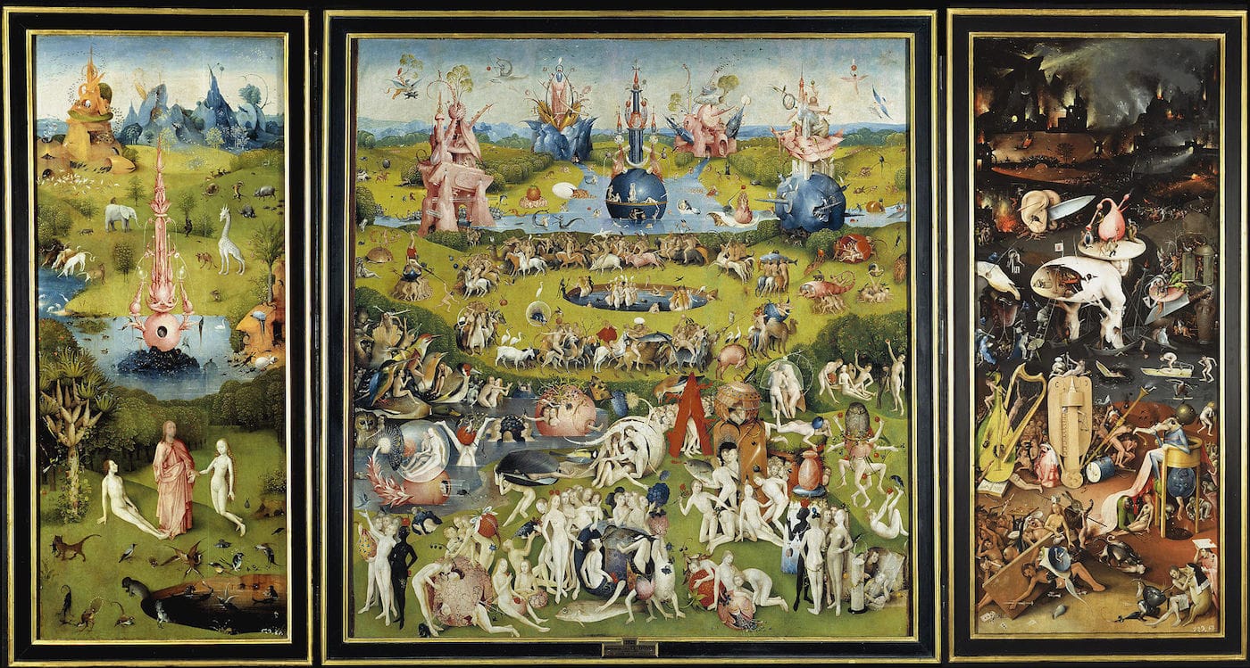 The Garden of Earthly Delights. wikidata:Q321303 Datebetween 1480 and 1505 Medium oil on panel Dimensions Height: 220 cm (86.6 in). Width: 390 cm (153.5 in). (via Wikimedia Commons)
