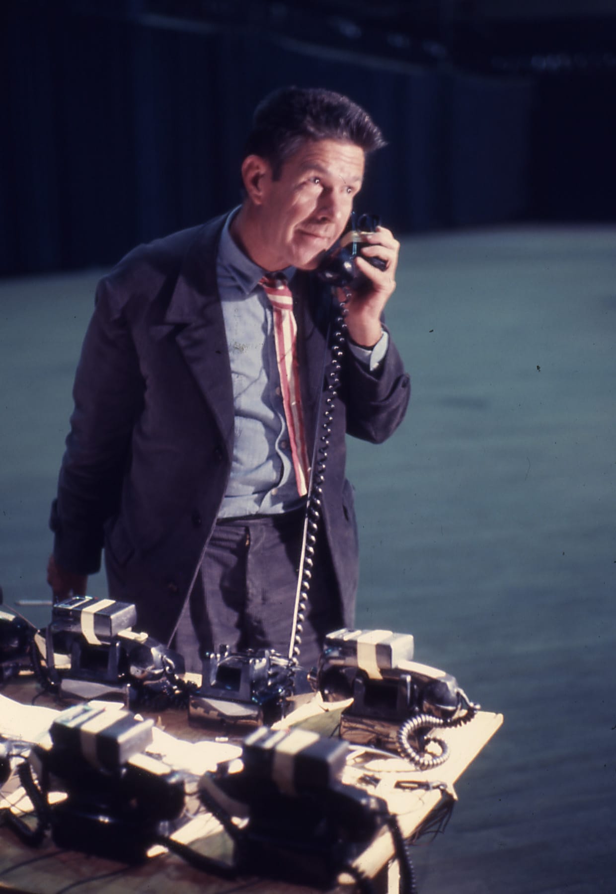 John Cage: Variations VII. Cage with the ten telelphpones that were used as sound inputs into the Armory for Variations VII. Photo Robert R. McElroy