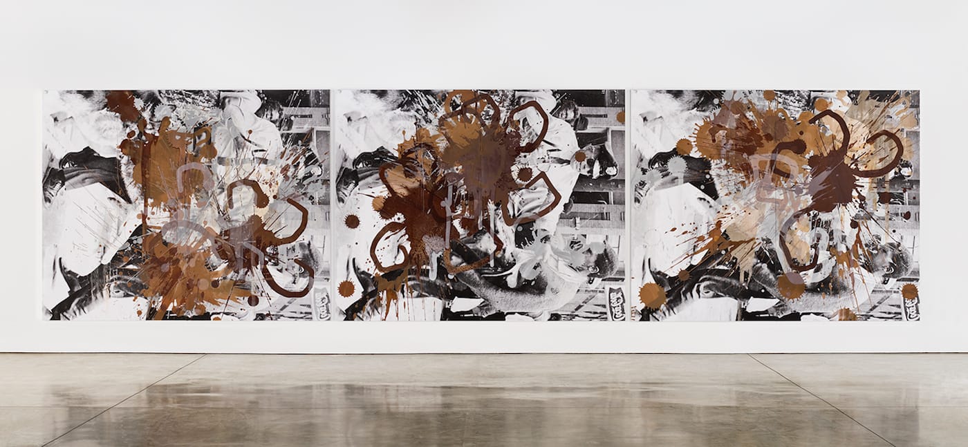 Kelley Walker, "Black Star Press (rotated 90 degrees)" (2006), digital print with silkscreened white, milk, and dark chocolate on canvas (image courtesy the artist; Paula Cooper Gallery, New York; Thomas Dane Gallery, London; and Galerie Gisela Capitain, Cologne)