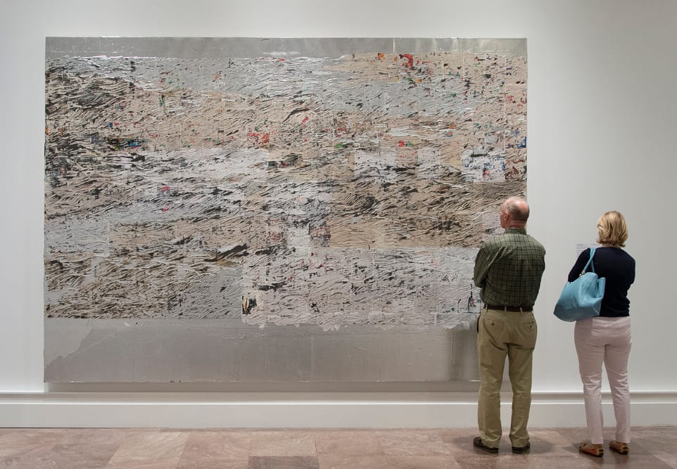 Installation view of 'Shade: Clyfford Still / Mark Bradford' at the Albright-Knox Art Gallery featuring Mark Bradford's “Mississippi Gottdam” (2007) (courtesy the Albright-Knox Art Gallery, photo by Tom Loonan)