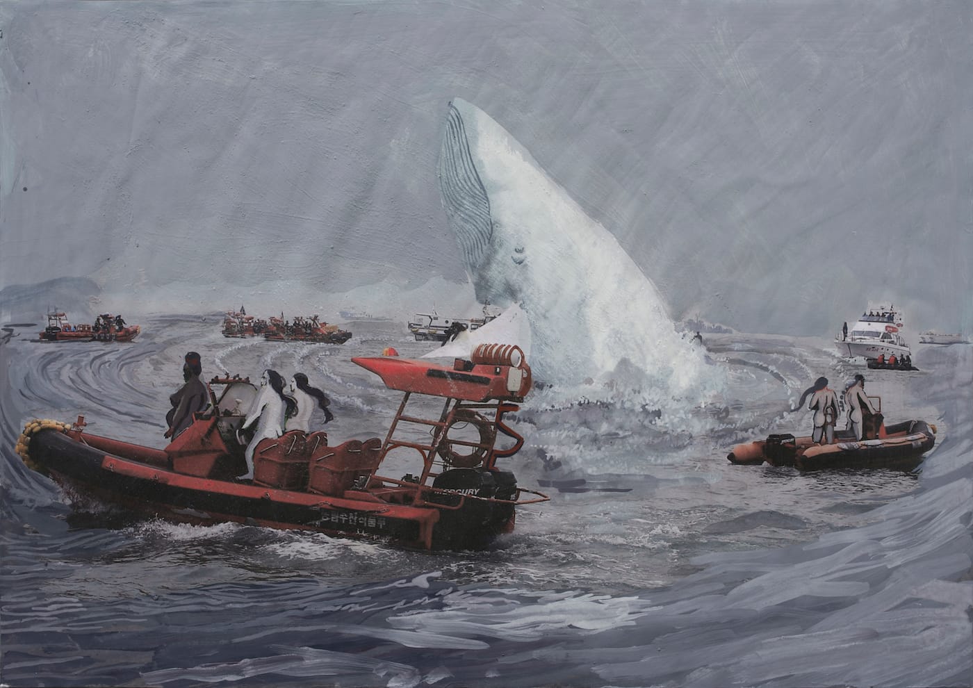 Rokni Haerizadeh, "But a Storm Is Blowing from Paradise" (2014), gesso, watercolor, and ink on inkjet prints, 18 parts from a 24-part work, 30 x 40 cm each, Solomon R. Guggenheim Museum, New York, Guggenheim UBS MAP Purchase Fund 2015.89 (© Rokni Haerizadeh, photo by Ramin Haerizadeh)