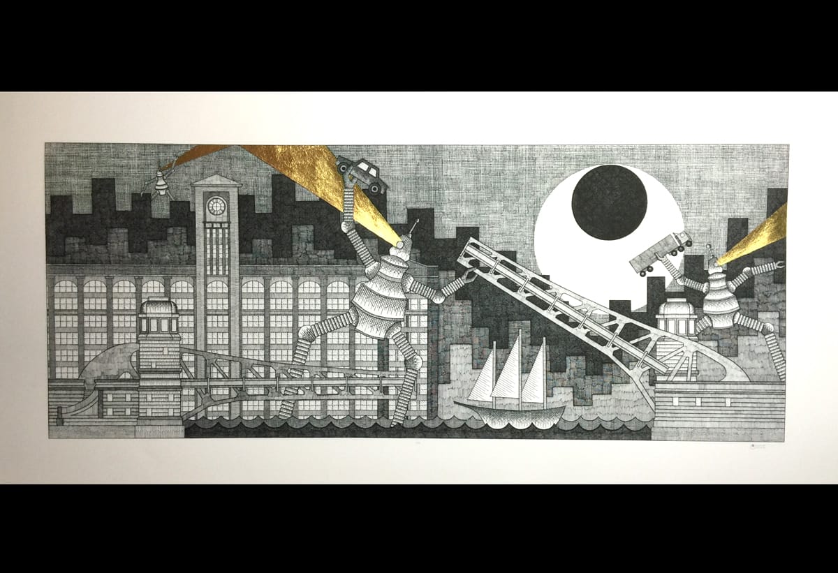 Chicago-Robots ! 2016 25 x 9 3/4 inches Pen and ink on paper with 24 carat gold leaf