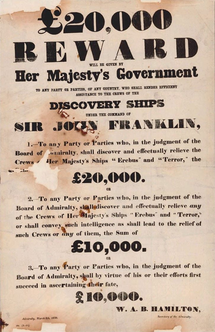 1850 reward poster for information to find the Franklin expedition (via Library and Archives Canada/Wikimedia)