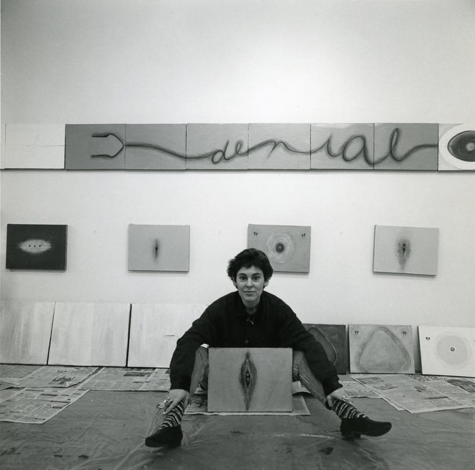Mira Schor in front of "War Frieze XII Area of Denial Egg" (1993) (photo: Sarah Wells, via facebook)