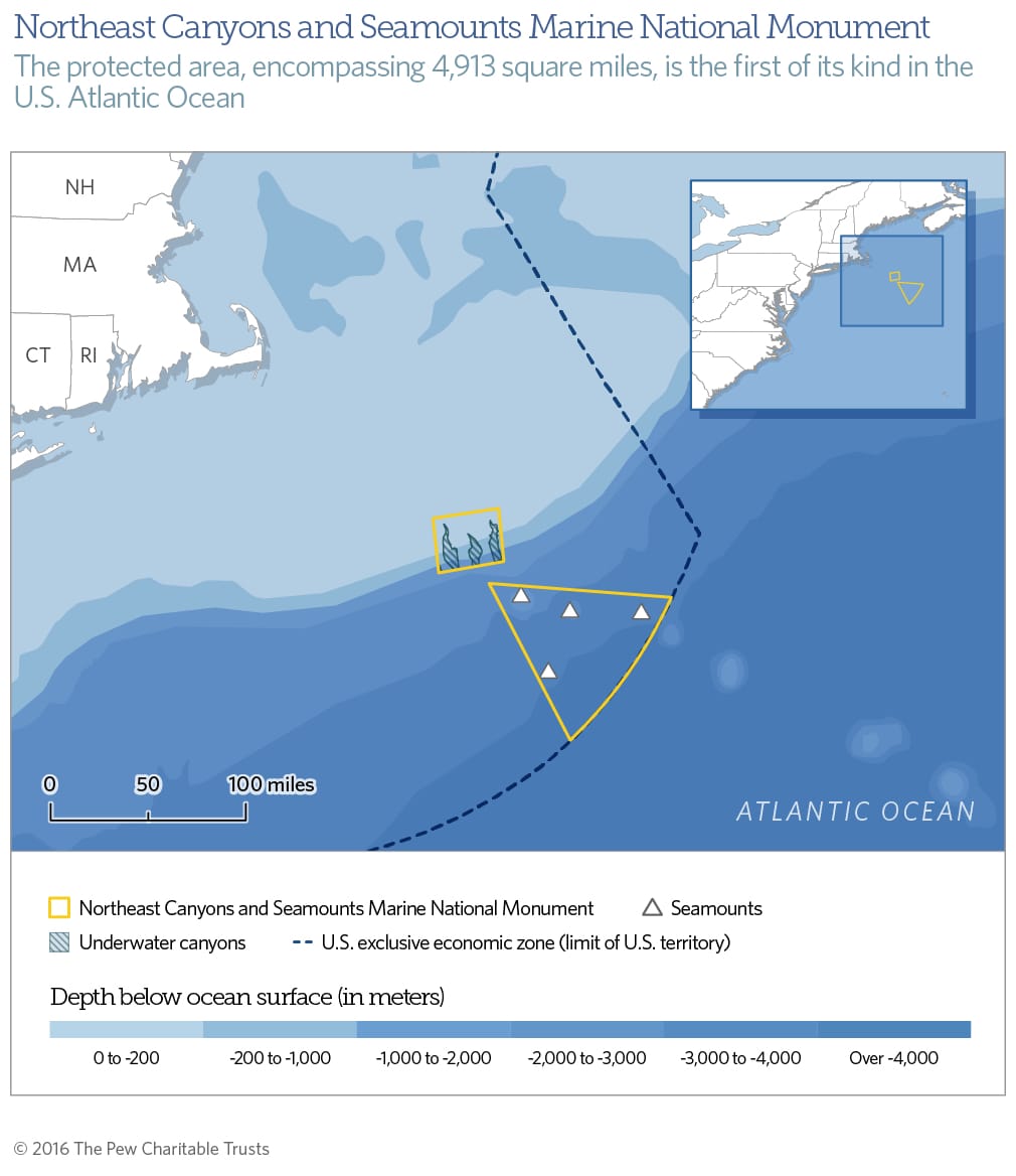 Map of the Northeast Canyons and Seamounts Marine National Monument (image © 2016 The Pew Charitable Trusts)