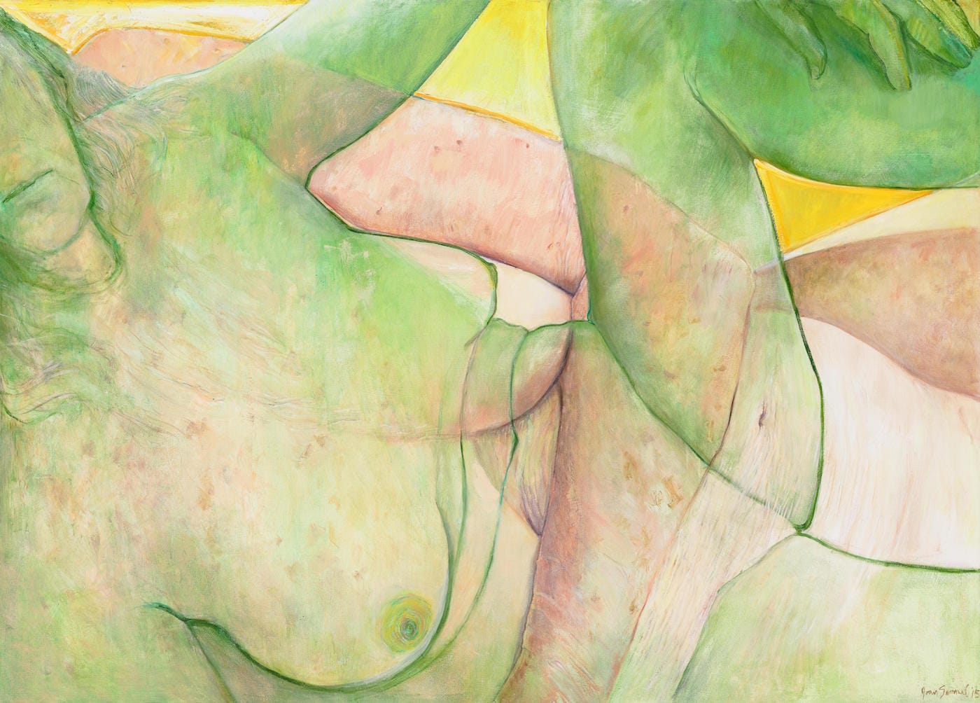 Joan Semmel, "Yellow Sky" (2015), oil on canvas, 51 x 71 in (courtesy Alexander Gray Associates, New York; © Joan Semmel/Artists Rights Society [ARS], New York)