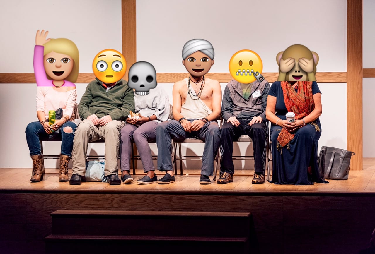 Original production photograph by Ben Arons, modified for Hyperallergic by AndrewAndrew. Zoë Winters, Max Baker, Quincy Tyler Bernstine, Babak Tafti, Brad Heberlee, and Marcia DeBonis in a scene from Bess Wohl's Small Mouth Sounds, directed by Rachel Chavkin at the Pershing Square Signature Center.