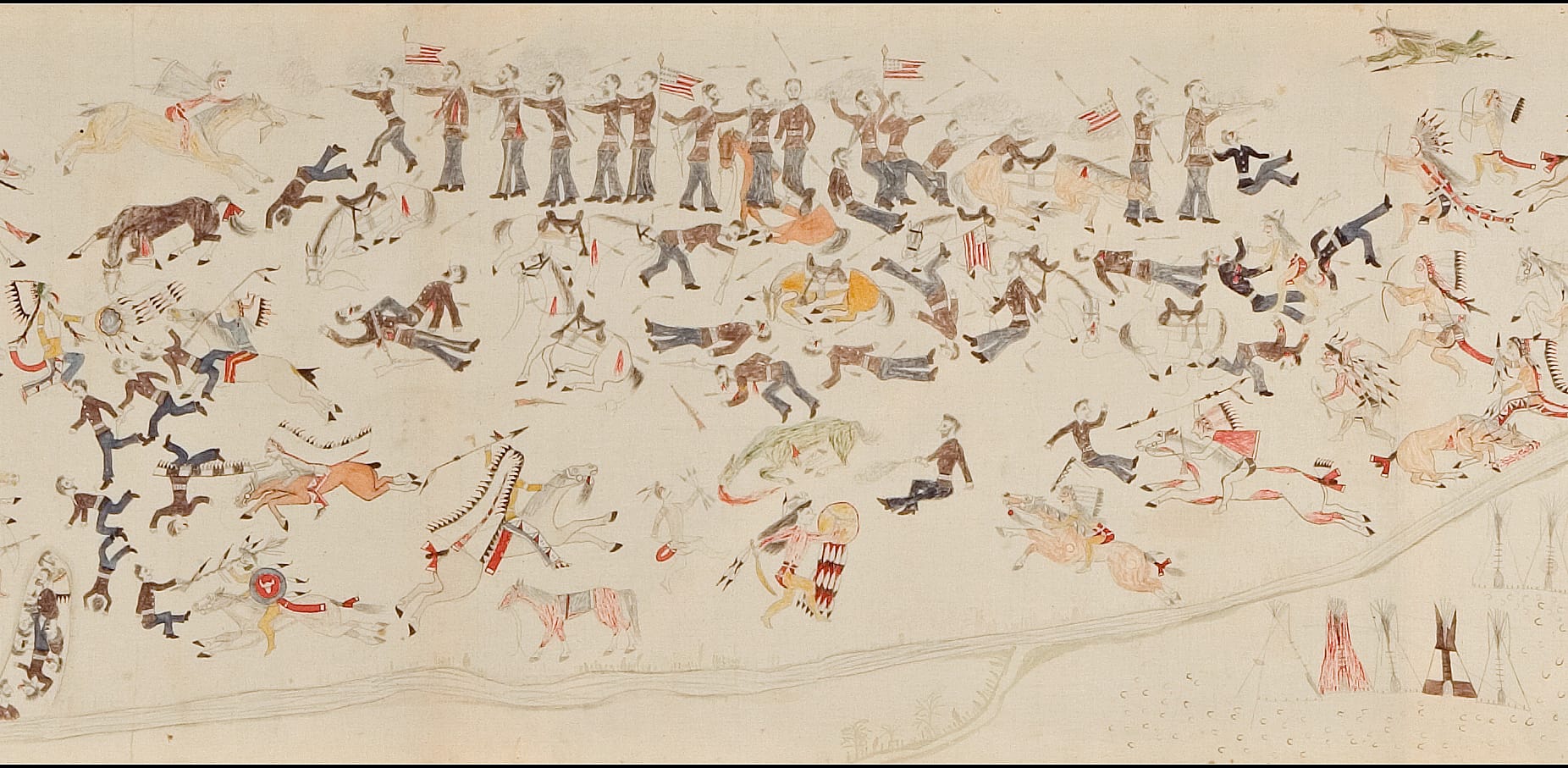 Stephen Standing Bear, "Battle of the Little Bighorn" (detail) (1920s), pencil and ink on muslin (courtesy Philbrook Museum of Art)