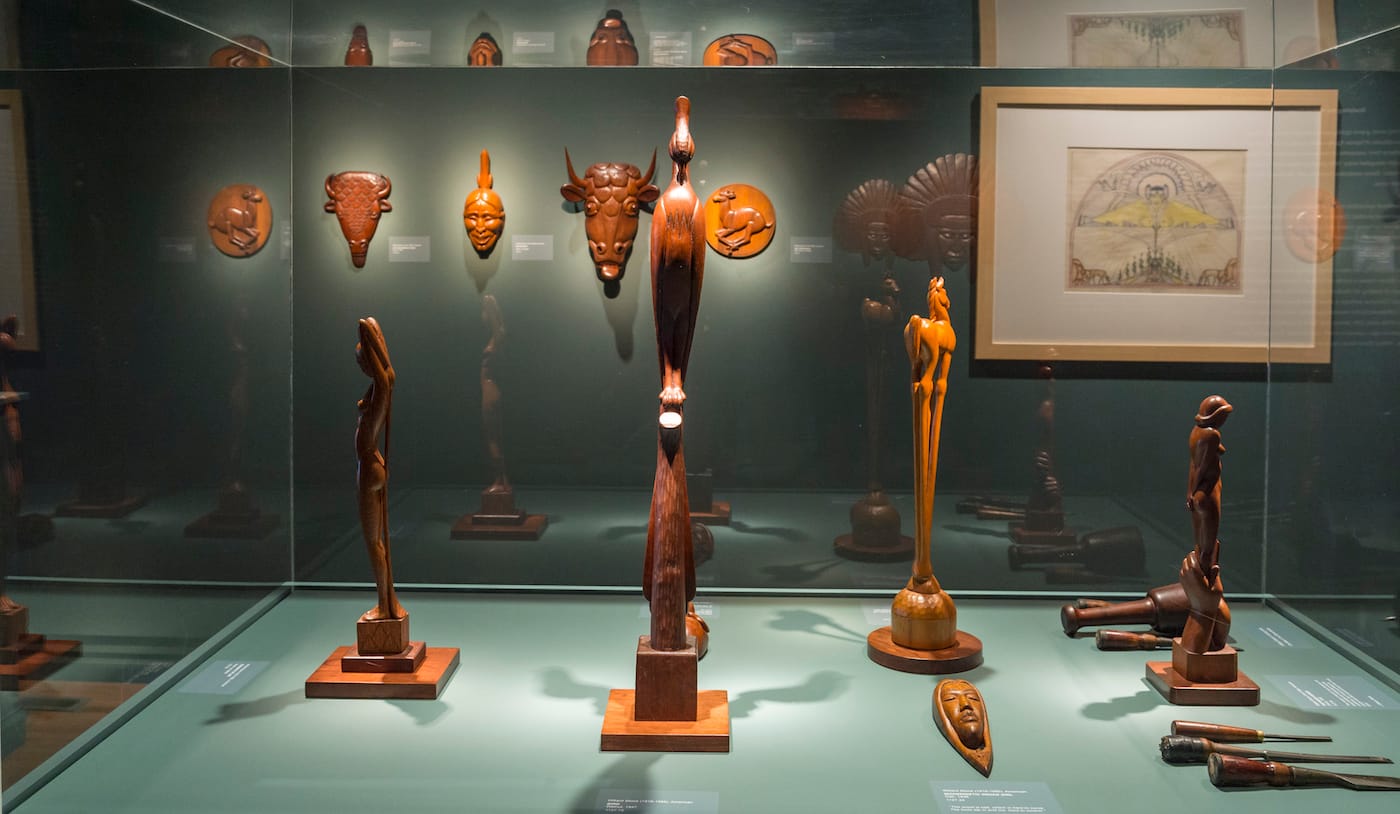 Installation view of 'Following the Grain: A Centennial Celebration of Willard Stone' (photo by Erik Campos, courtesy Gilcrease Museum)