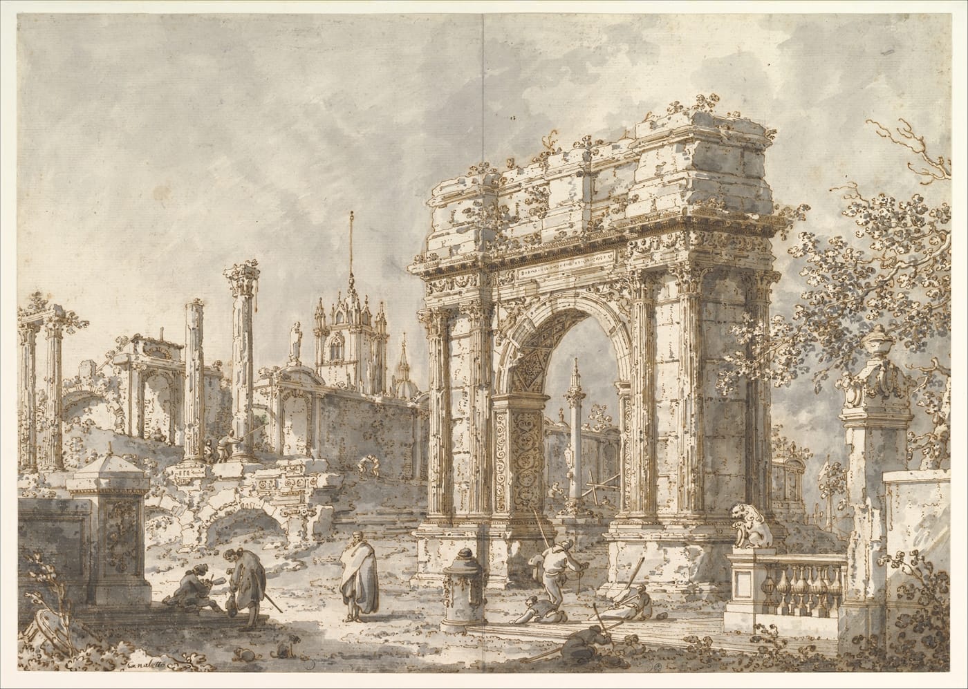 Canaletto (Giovanni Antonio Canal), "Capriccio with a Roman Triumphal Arch" (Italy, 1720–1730), pen and brown ink, brush and gray wash, over traces of leadpoint or graphite; 15 x 21 1/4 inches (courtesy the Metropolitan Museum of Art, New York, Harris Brisbane Dick Fund, 1946)