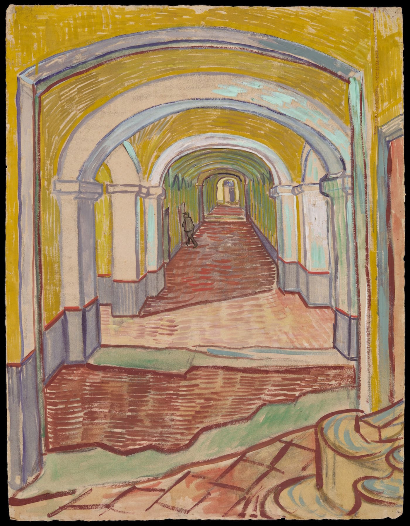 Vincent van Gogh, "Corridor in the Asylum" (Netherlands, September 1889), oil color and essence over black chalk on pink laid paper; sheet: 25 5/8 x 19 5/16 inches (courtesy the Metropolitan Museum of Art, New York, Bequest of Abby Aldrich Rockefeller, 1948)