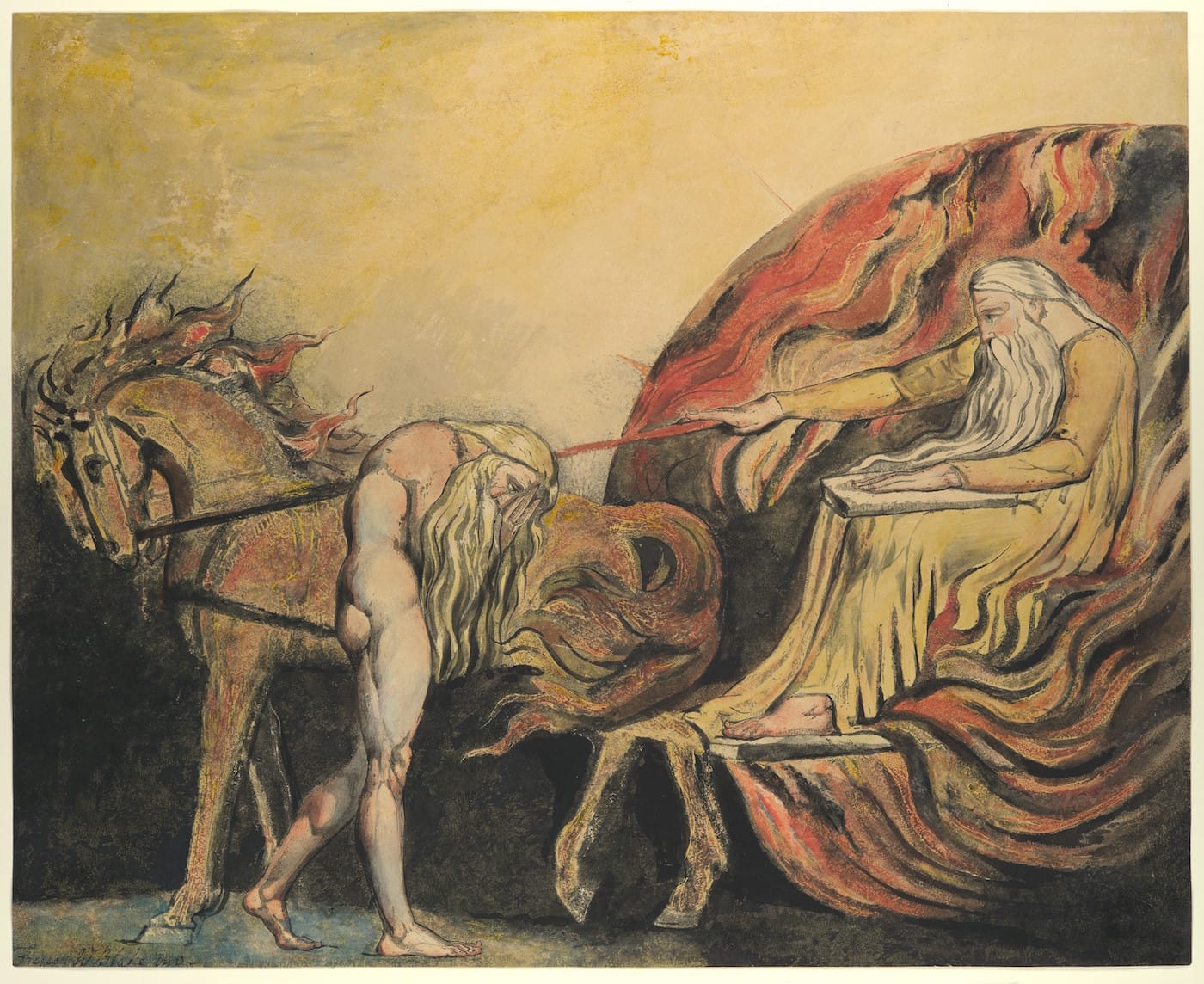 William Blake, "God Judging Adam" (England, 1795), relief etching, printed in color and finished with pen and ink and watercolor; 16 3/4 x 20 3/4 inches (courtesy the Metropolitan Museum of Art, New York, Rogers Fund, 1916)