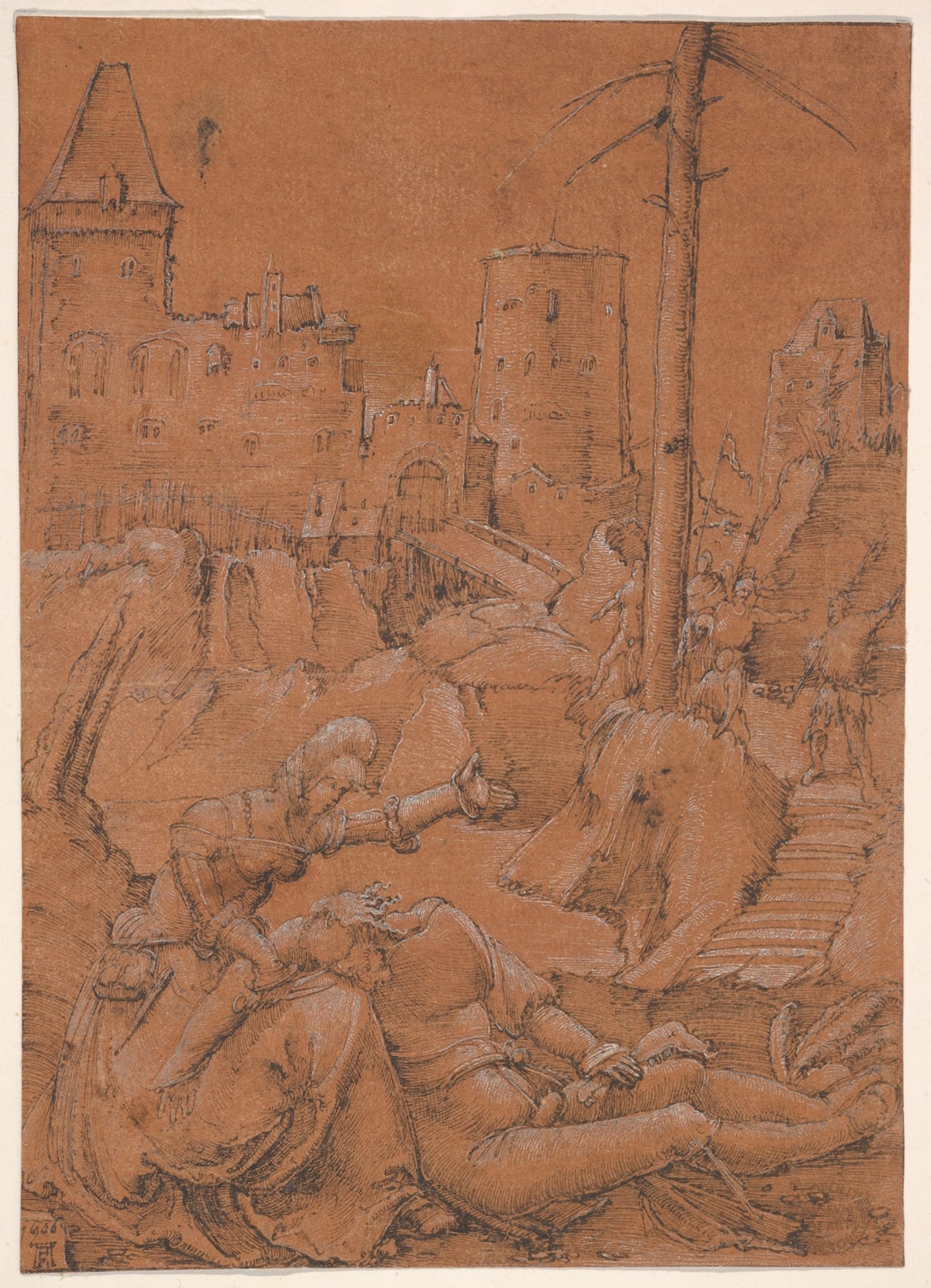 Albrecht Altdorfer, "Samson and Delilah" (Germany, 1506), pen and black ink with white heightening on brown prepared paper; 6 3/4 x 4 13/16 inches (courtesy the Metropolitan Museum of Art, New York, Rogers Fund, 1906)